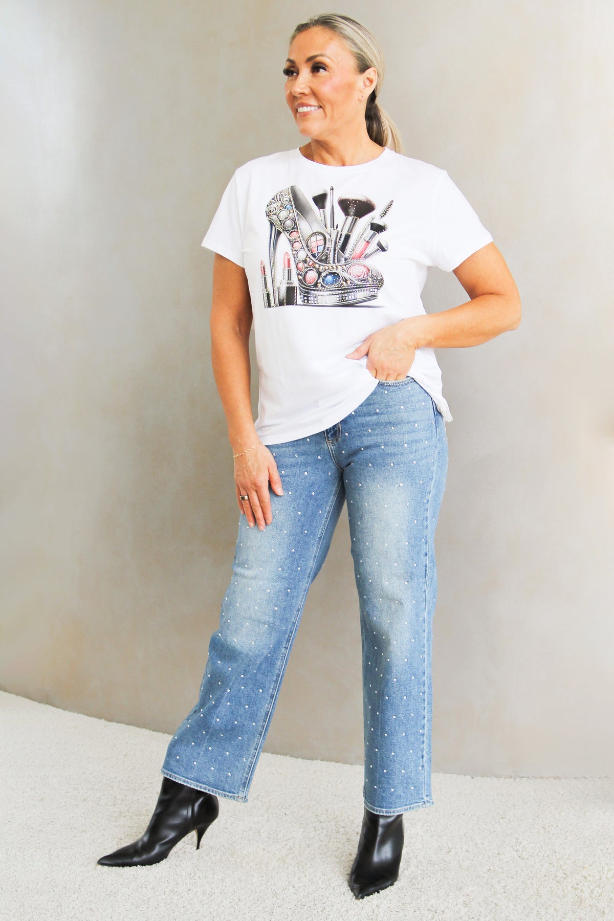 All Over Rhinestone  Embellishment Vintage Straight Leg Jeans Jeans