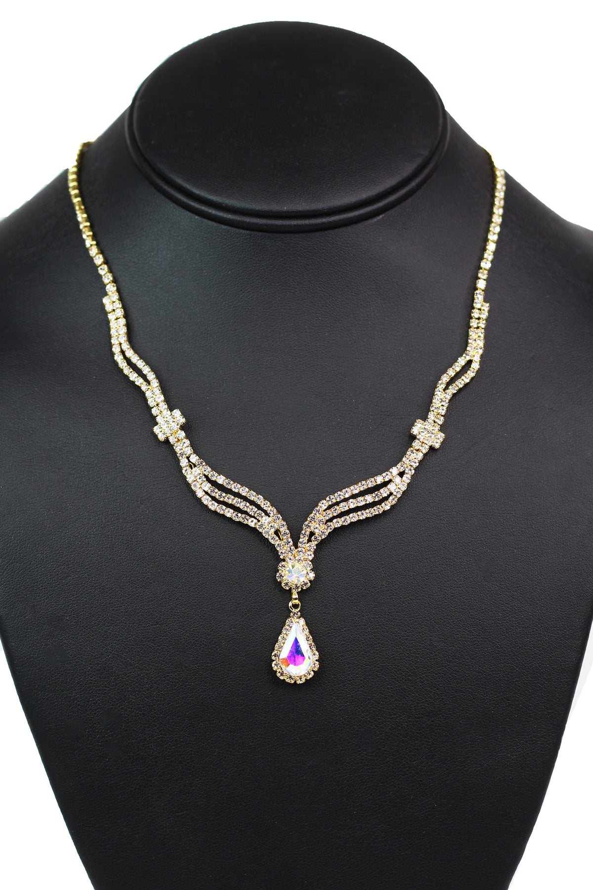 Rhinestone 3 Wavy Bars Flower &amp; Teardrop Necklace - Glitz &amp; Ears Boutique