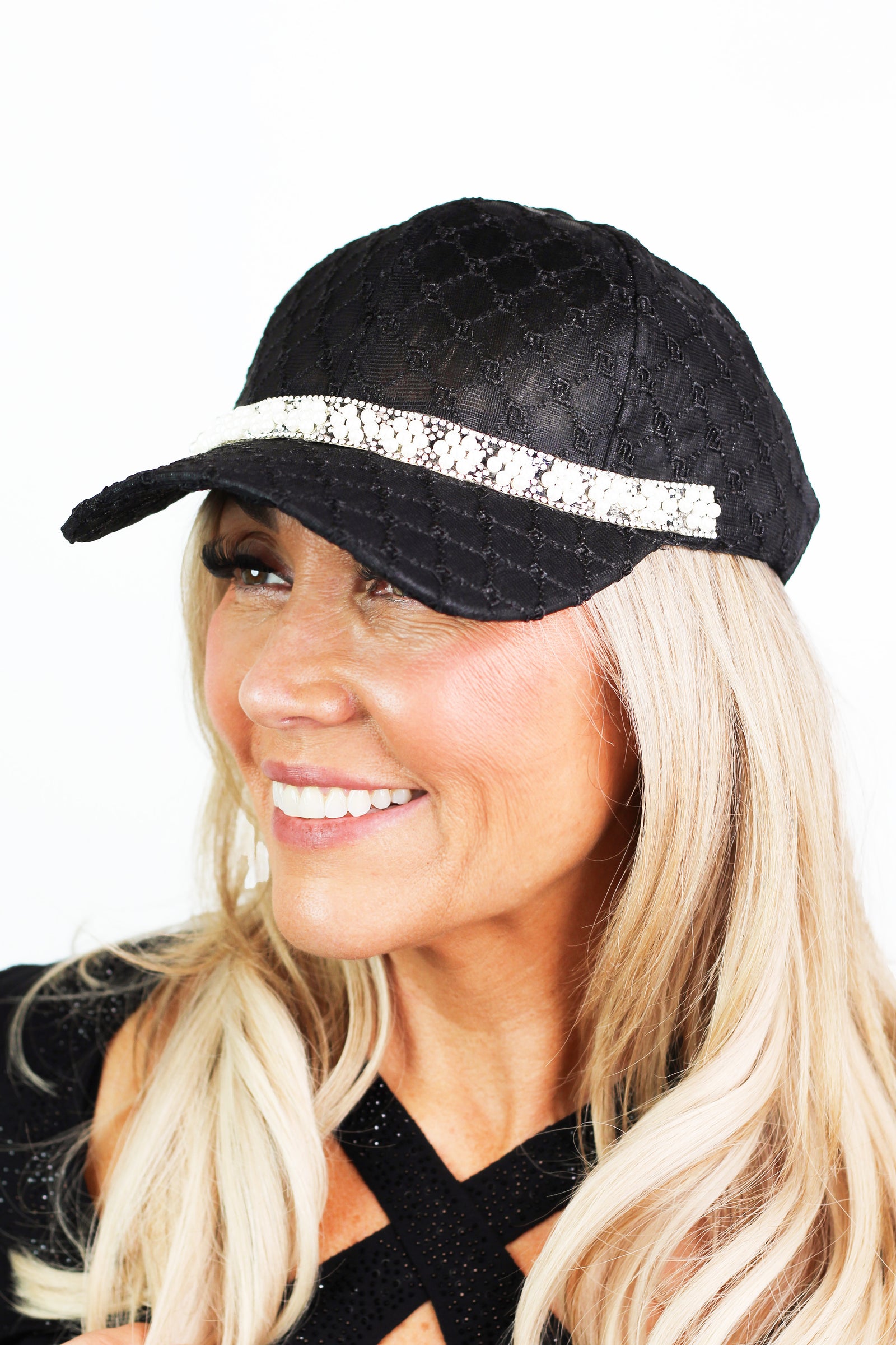 Pearl & Rhinestone Front Trim w/ Criss Cross Accent Baseball Hat
