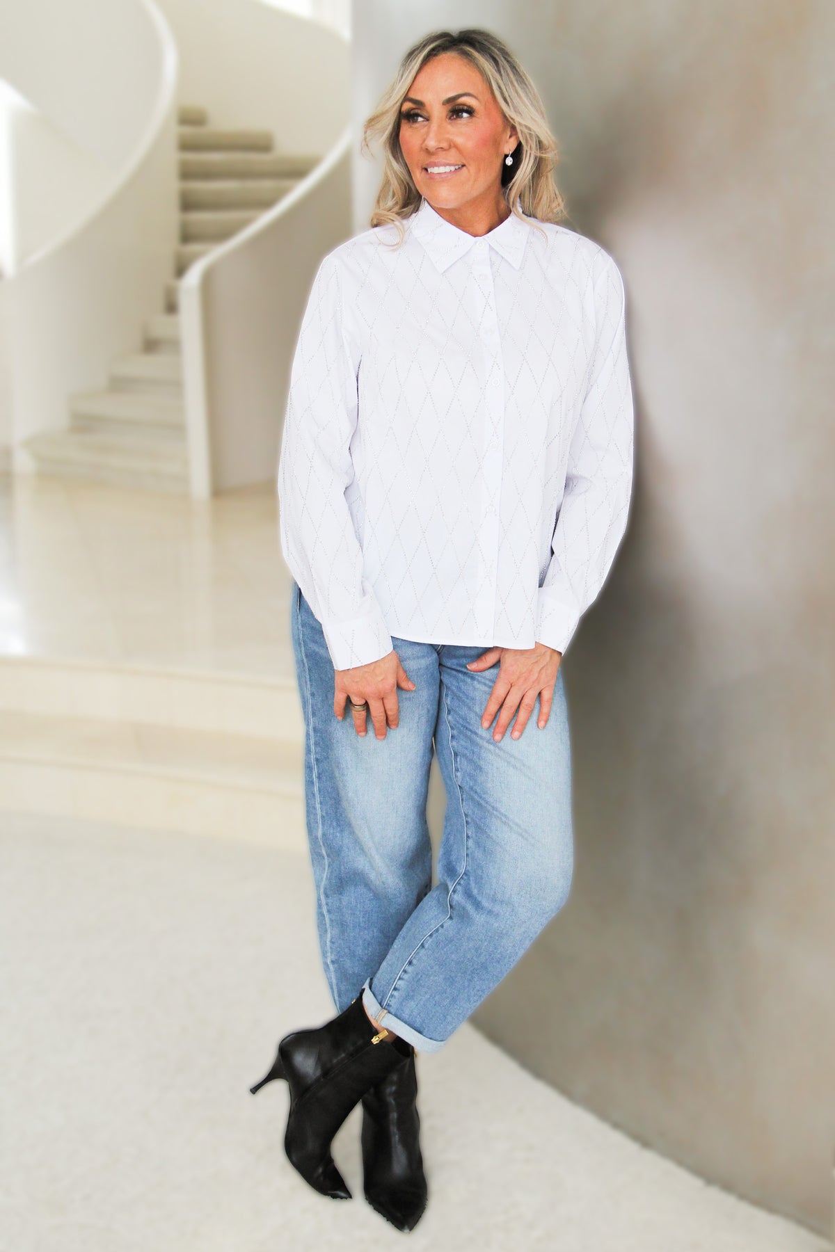 Long Sleeve Crisscross Rhinestone Embellishment