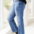 High Rise Straight Leg Floral Rhinestone Design Denim Jeans