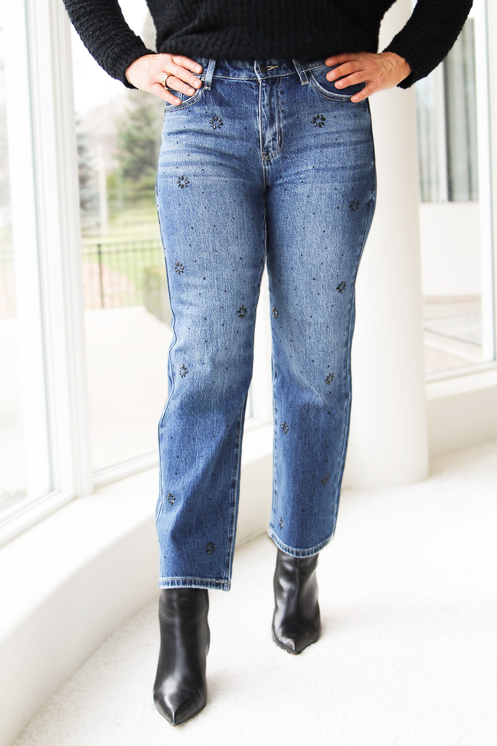 High Rise Straight Leg Floral Rhinestone Design Denim Jeans