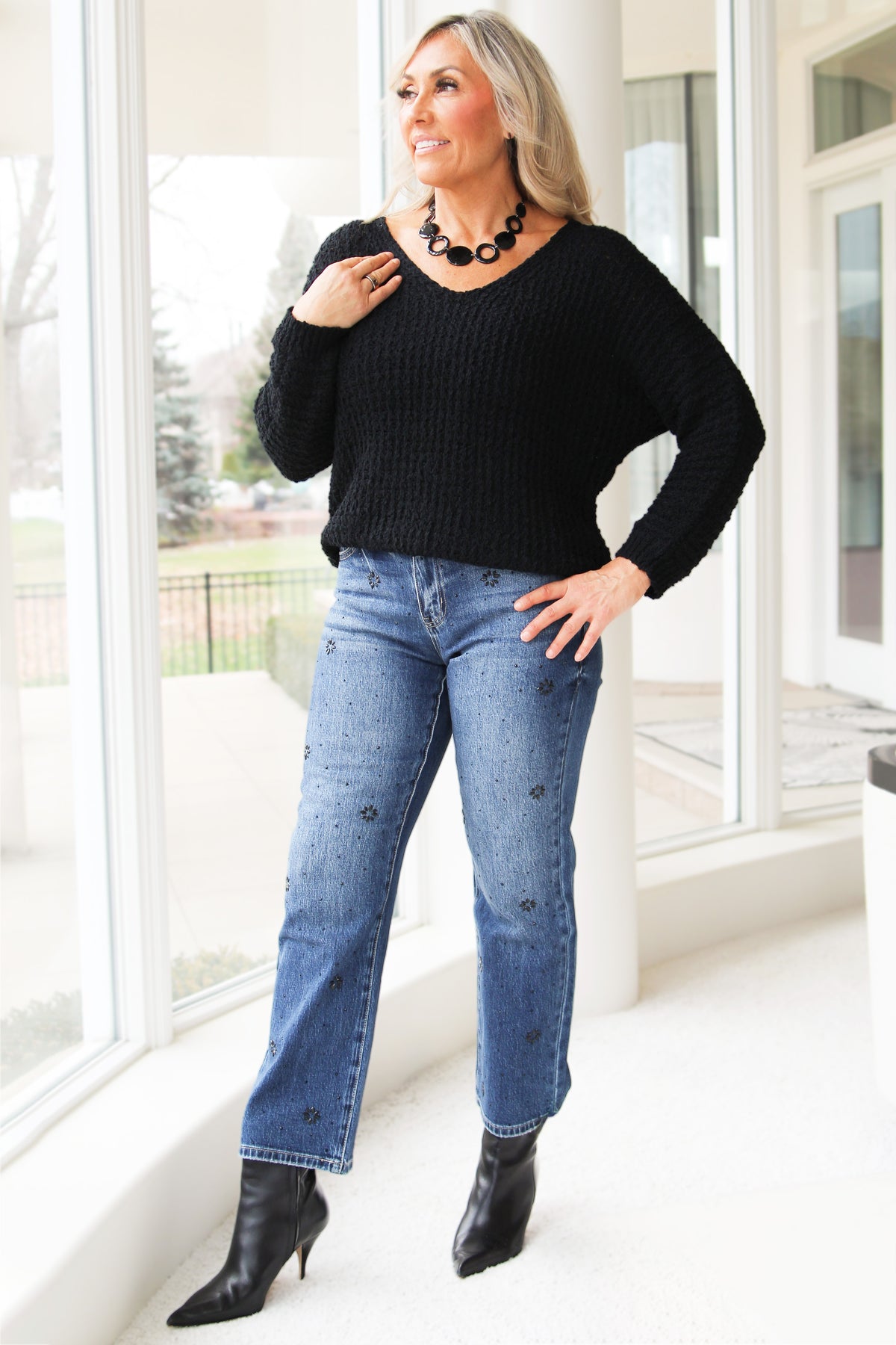 High Rise Straight Leg Floral Rhinestone Design Denim Jeans