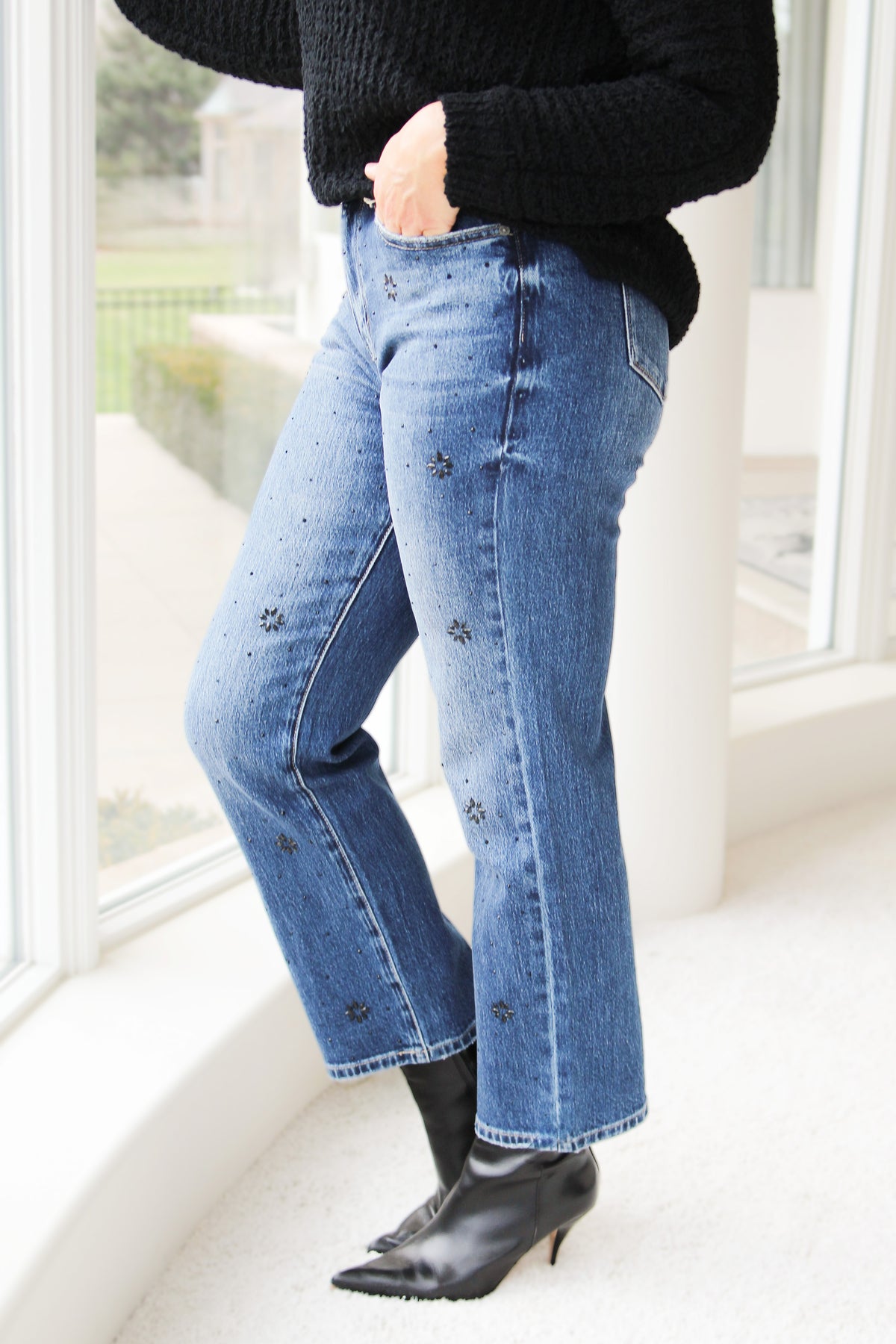 High Rise Straight Leg Floral Rhinestone Design Denim Jeans