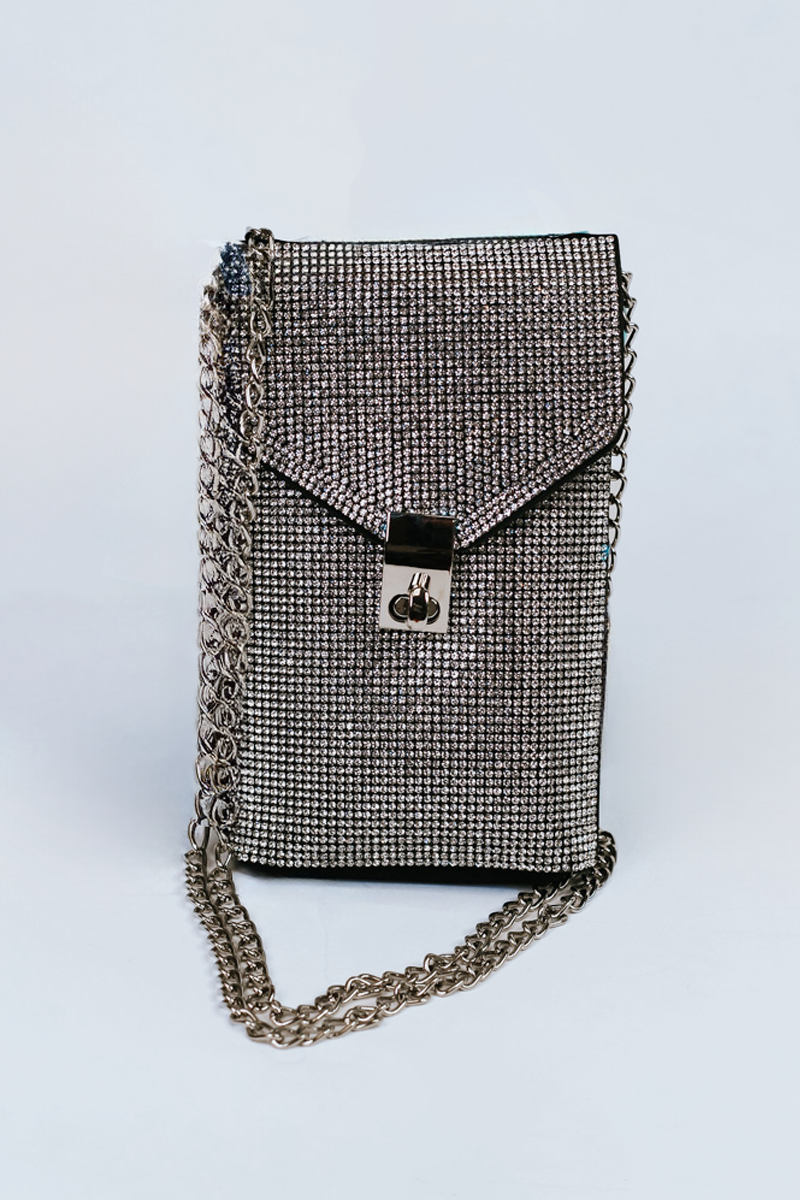 Rhinestone Front Rectangle Crossbody Pouch w/ Flap Closure