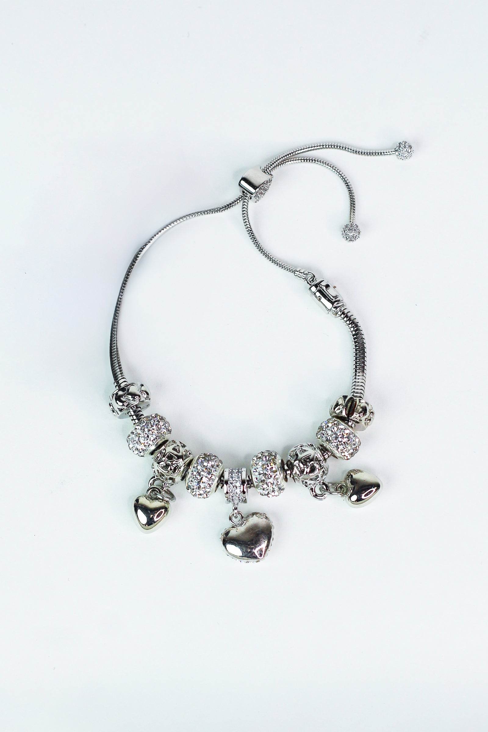 Rhinestone Charm Pull Bracelet w/ Puffy Heart