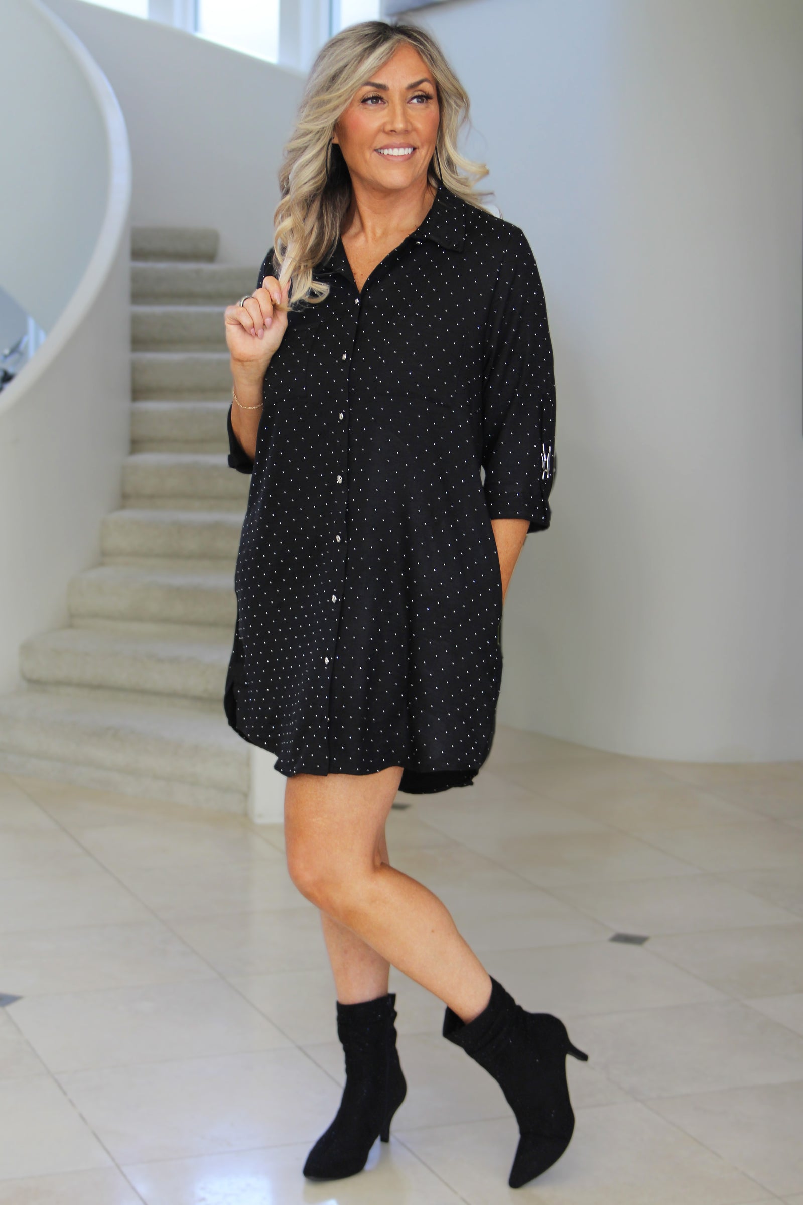 Rhinestone Covered Button Down Dress w/ 3/4 Tab & Clip Sleeves