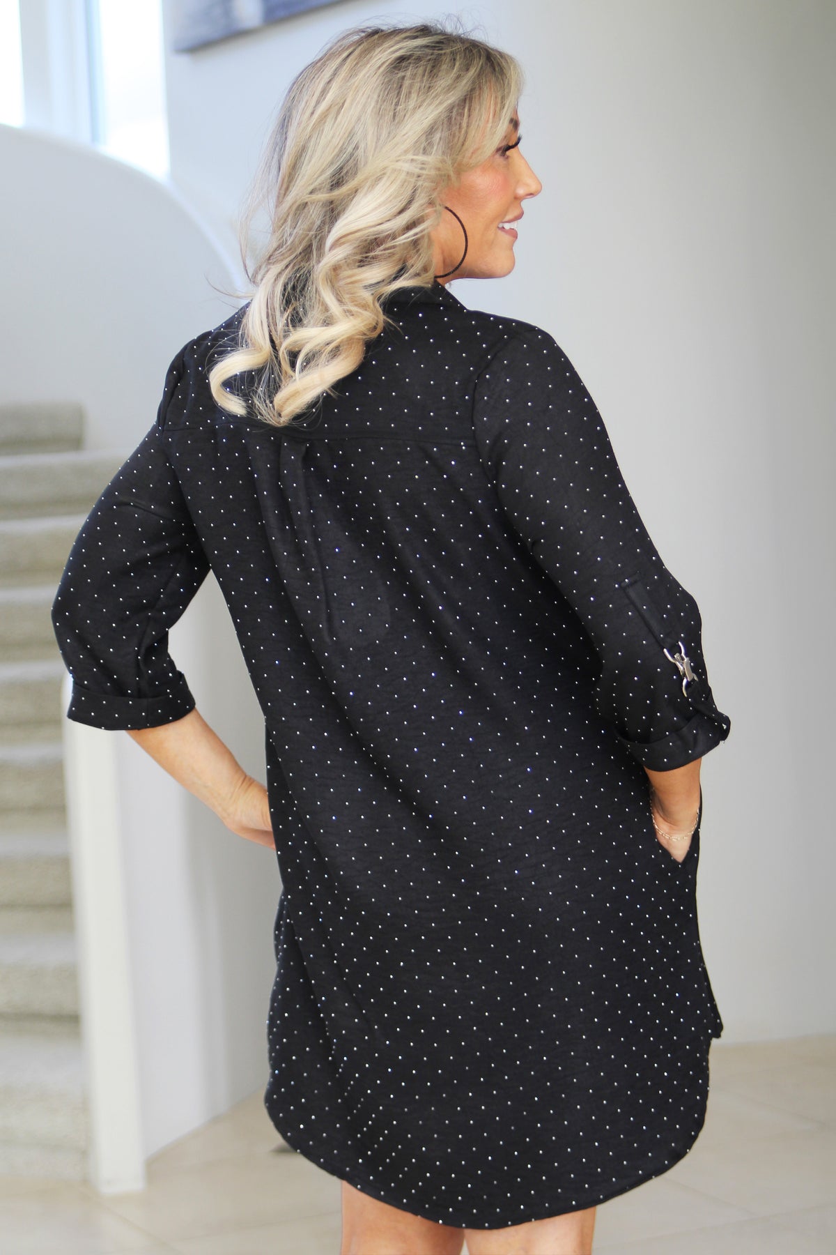 Rhinestone Covered Button Down Dress w/ 3/4 Tab & Clip Sleeves