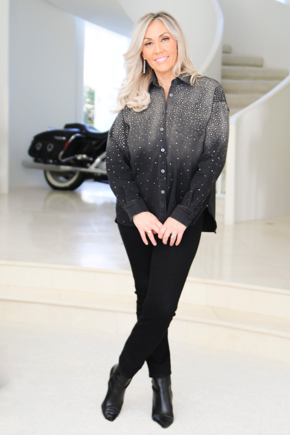 Denim Shacket w/ Rhinestone Accent