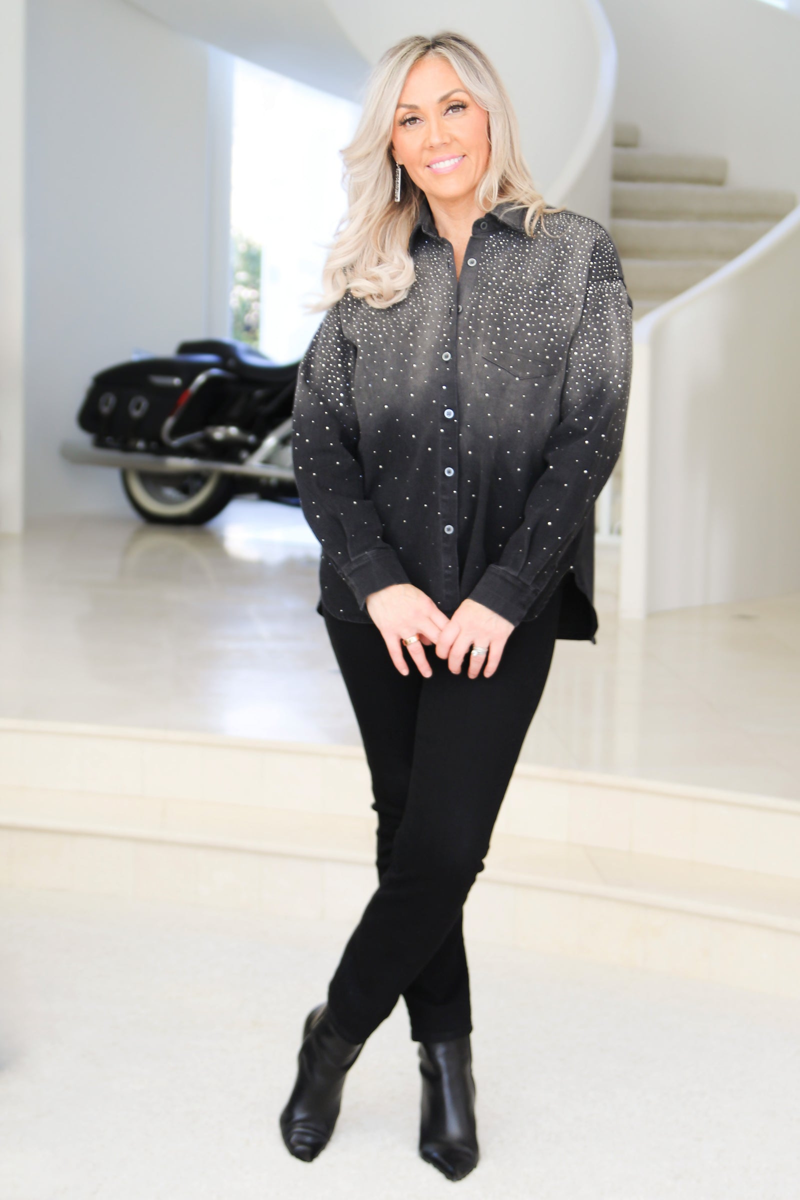 Denim Shacket w/ Rhinestone Accent