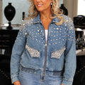 Rhinestone Denim Zip Up Jacket w/ Elastic Waist