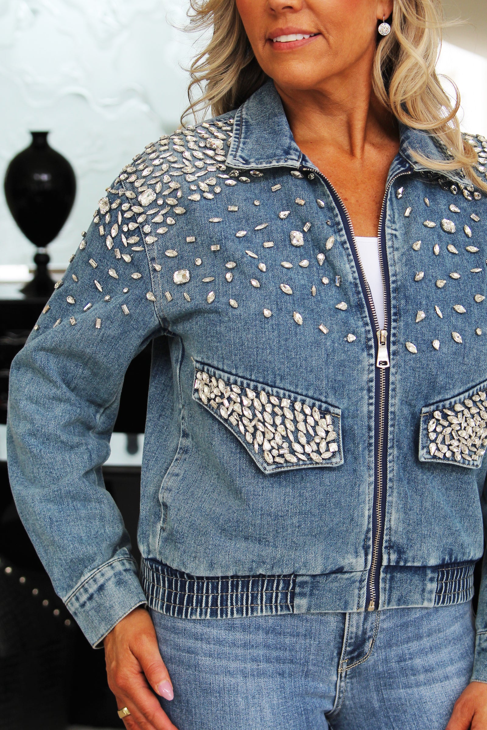 Rhinestone Denim Zip Up Jacket w/ Elastic Waist