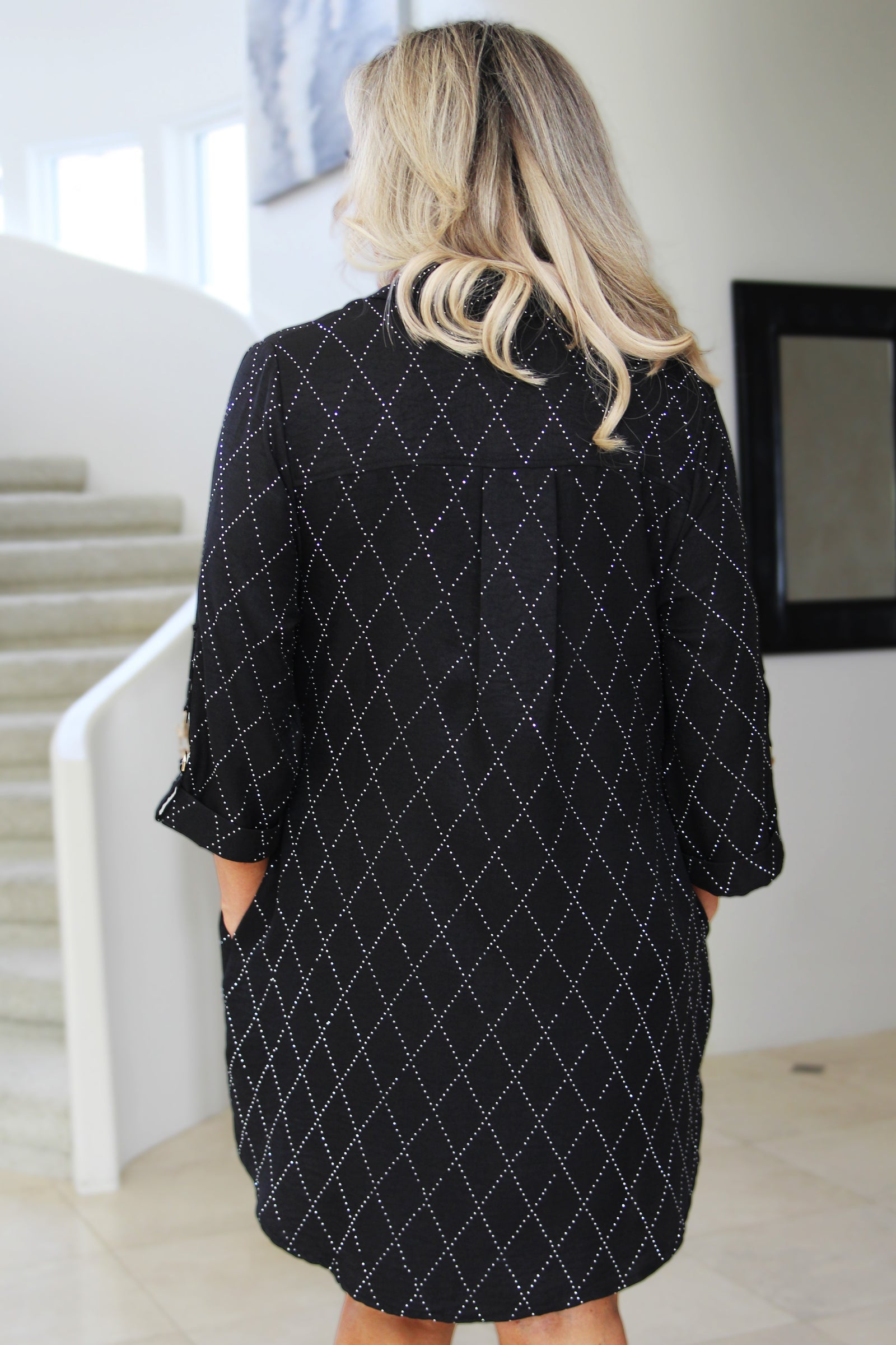 Diamond Pattern Rhinestone Button Down Dress w/ 3/4 Tab & Clip Sleeves