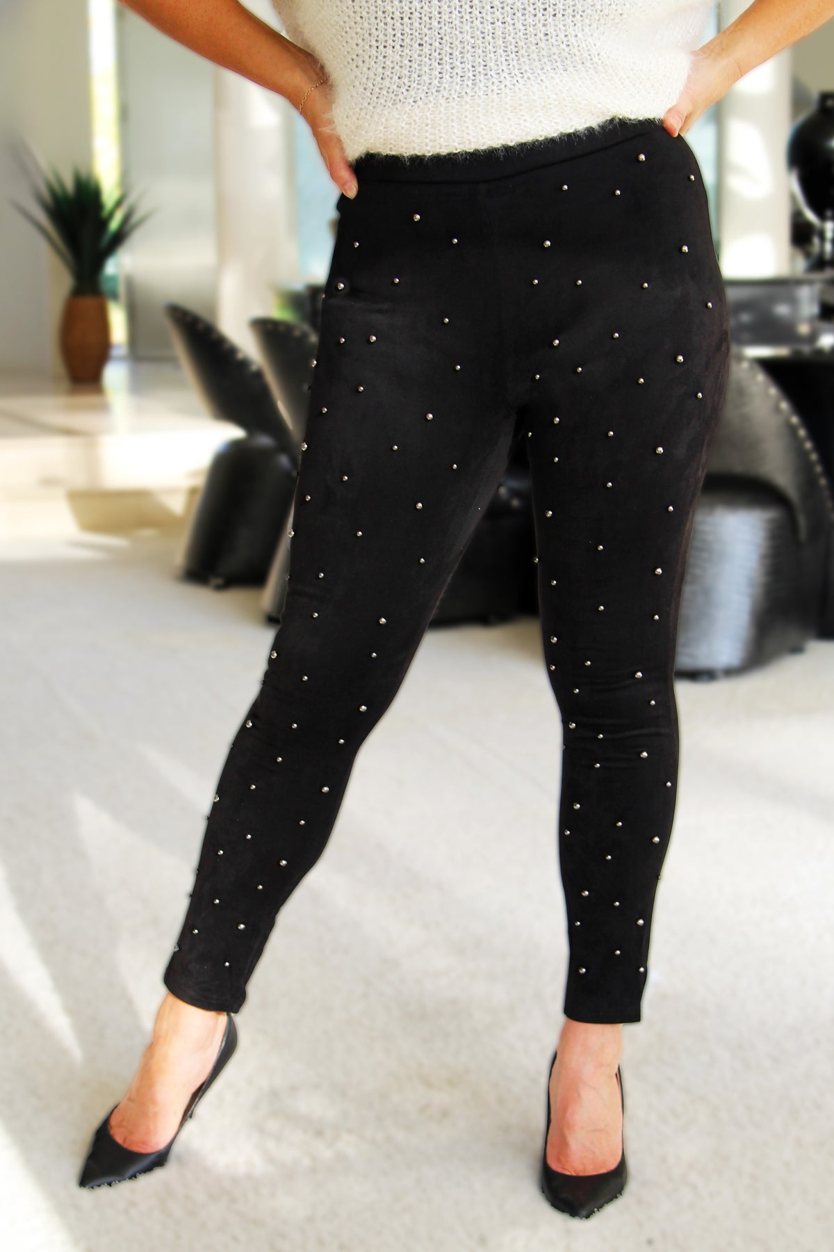 Faux Suede Leggings w/ Front Stud Accents
