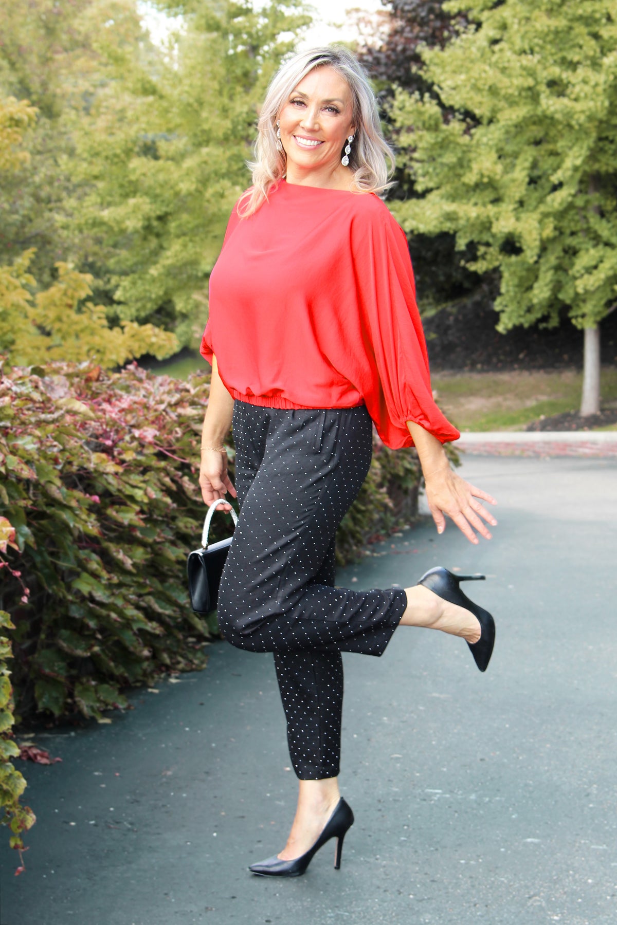 Rhinestone Covered Elastic Waist Front Pocket Pant