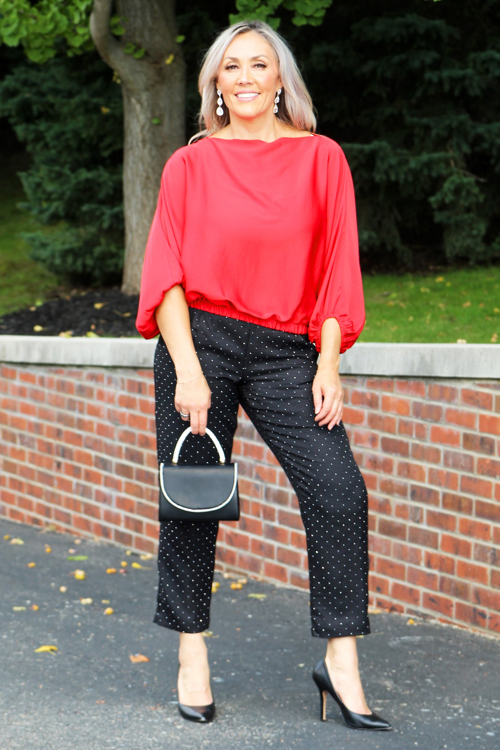 Rhinestone Covered Elastic Waist Front Pocket Pant