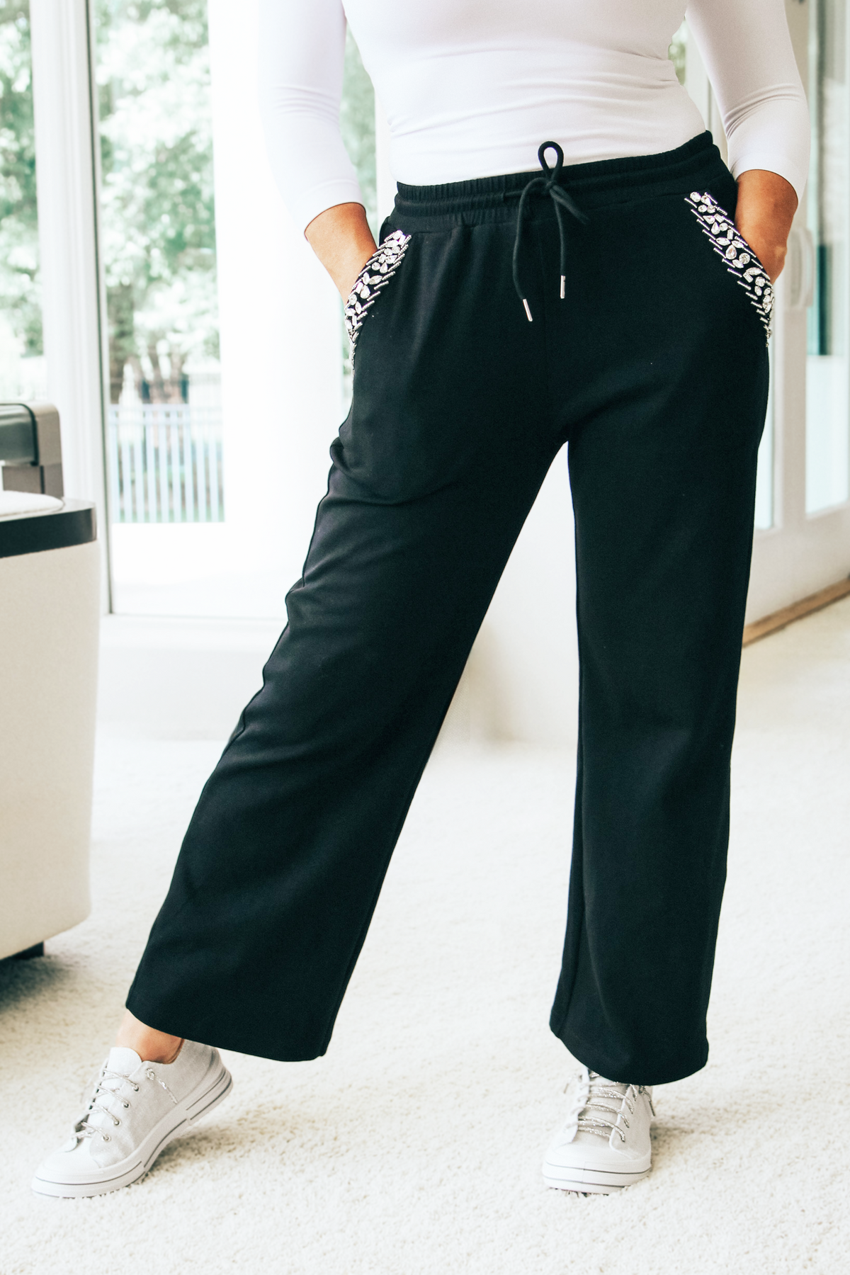 Straight Leg Knit Pants w/ Bead &amp; Rhinestone Pocket Accents