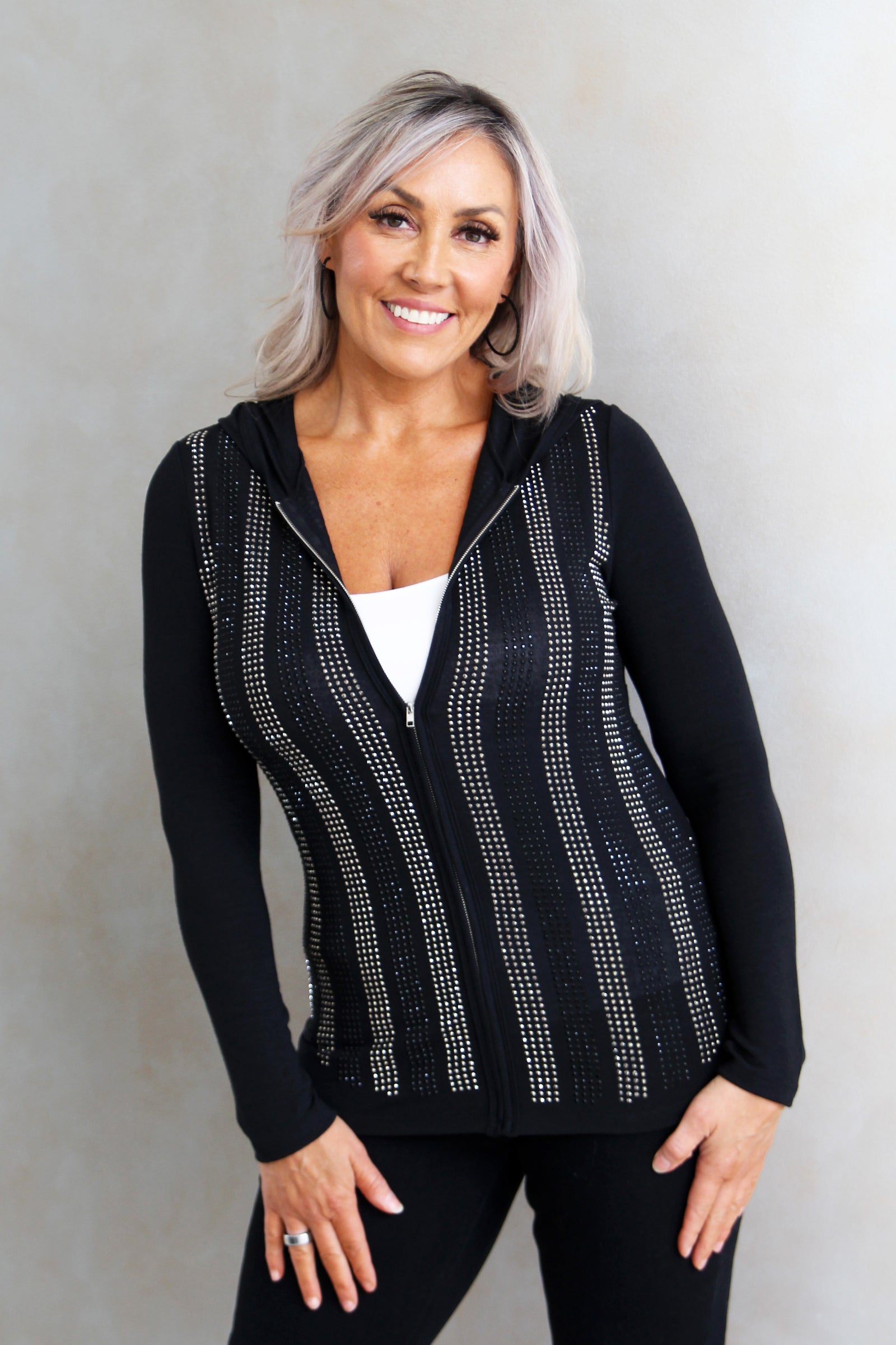 Long Sleeve Knit Zippered Hoodie w/ Rhinestone Stripe Details