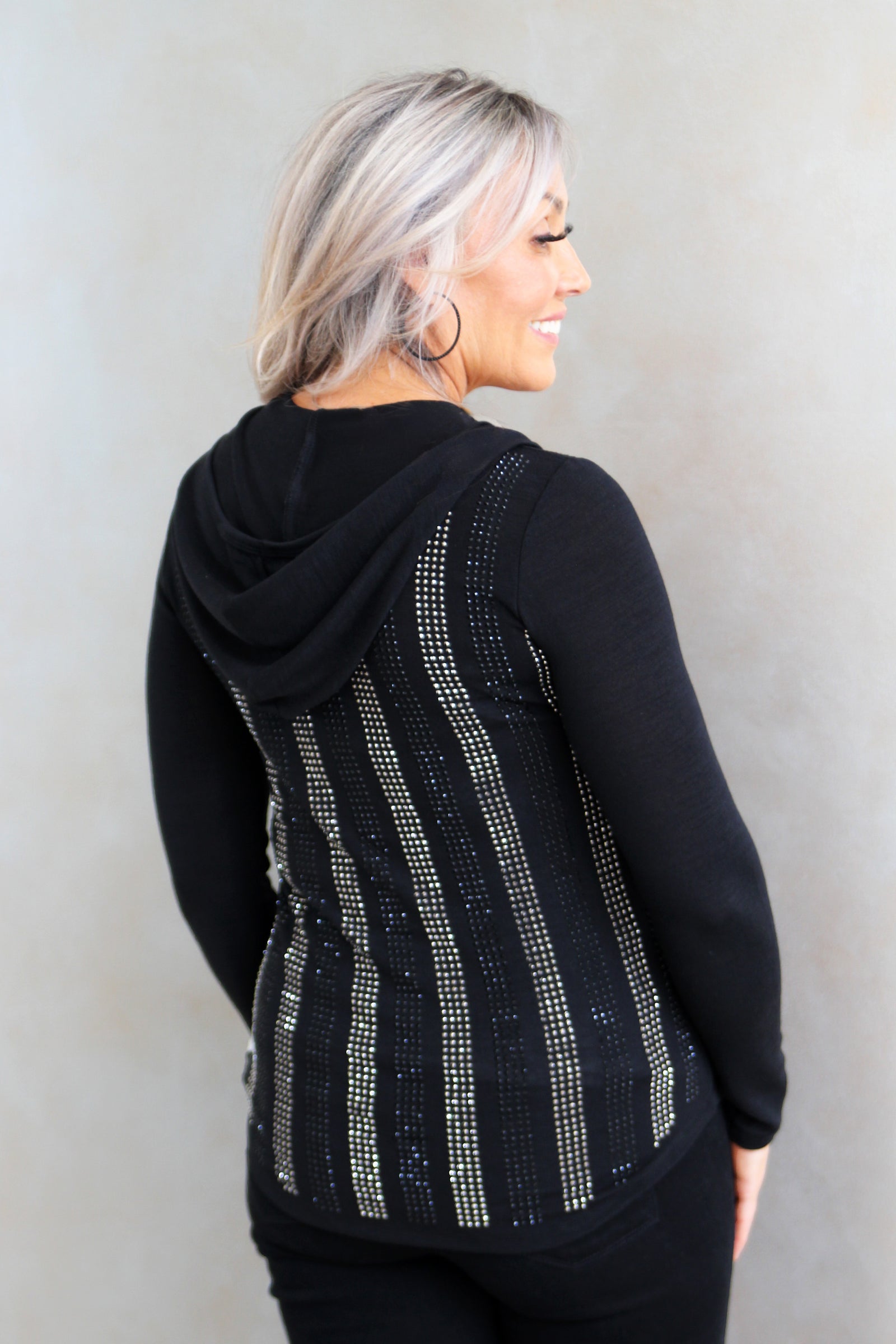Long Sleeve Knit Zippered Hoodie w/ Rhinestone Stripe Details