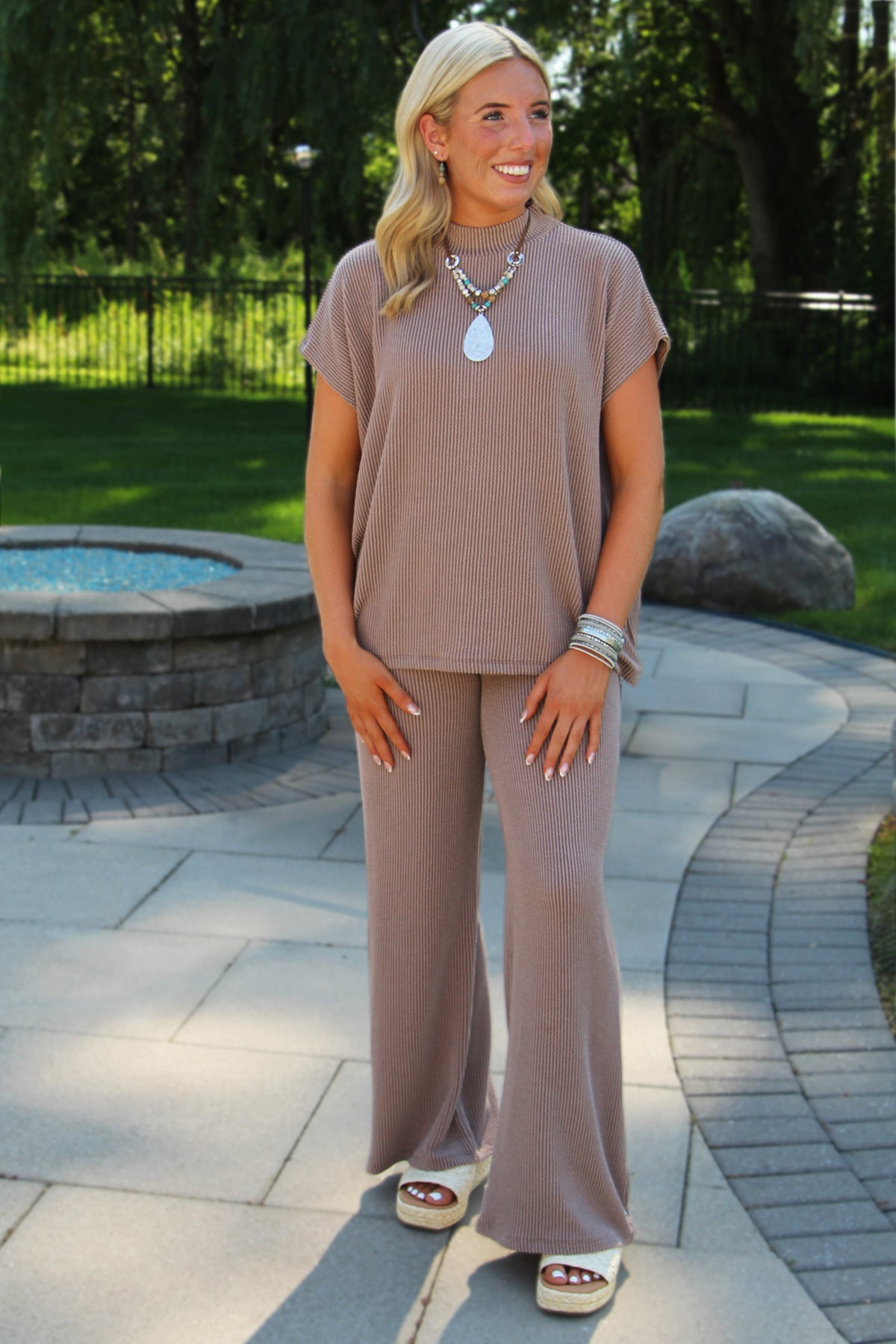 Ribbed Knit Short Sleeve Top & Wide Leg Pants Set