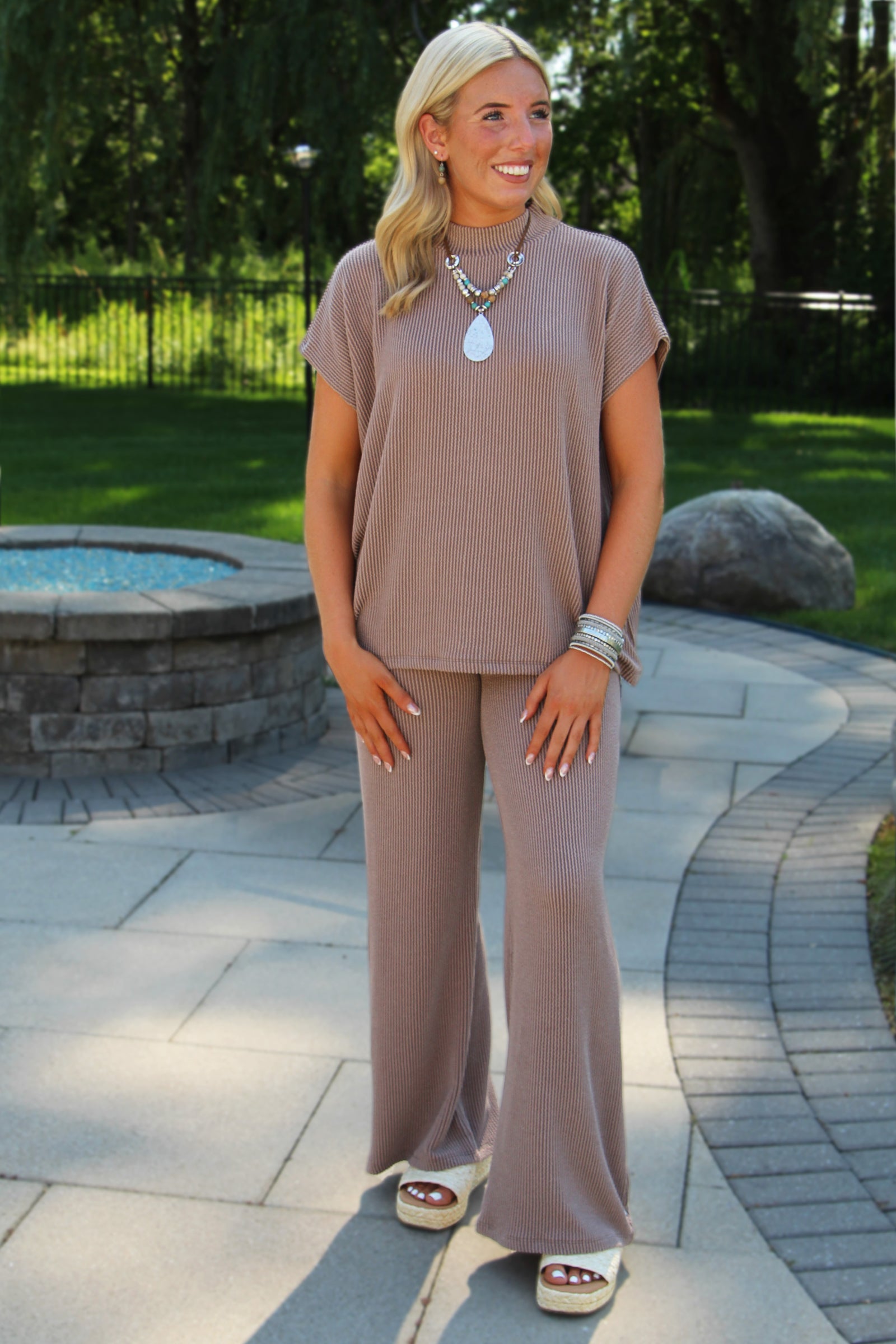 Ribbed Knit Short Sleeve Top & Wide Leg Pants Set