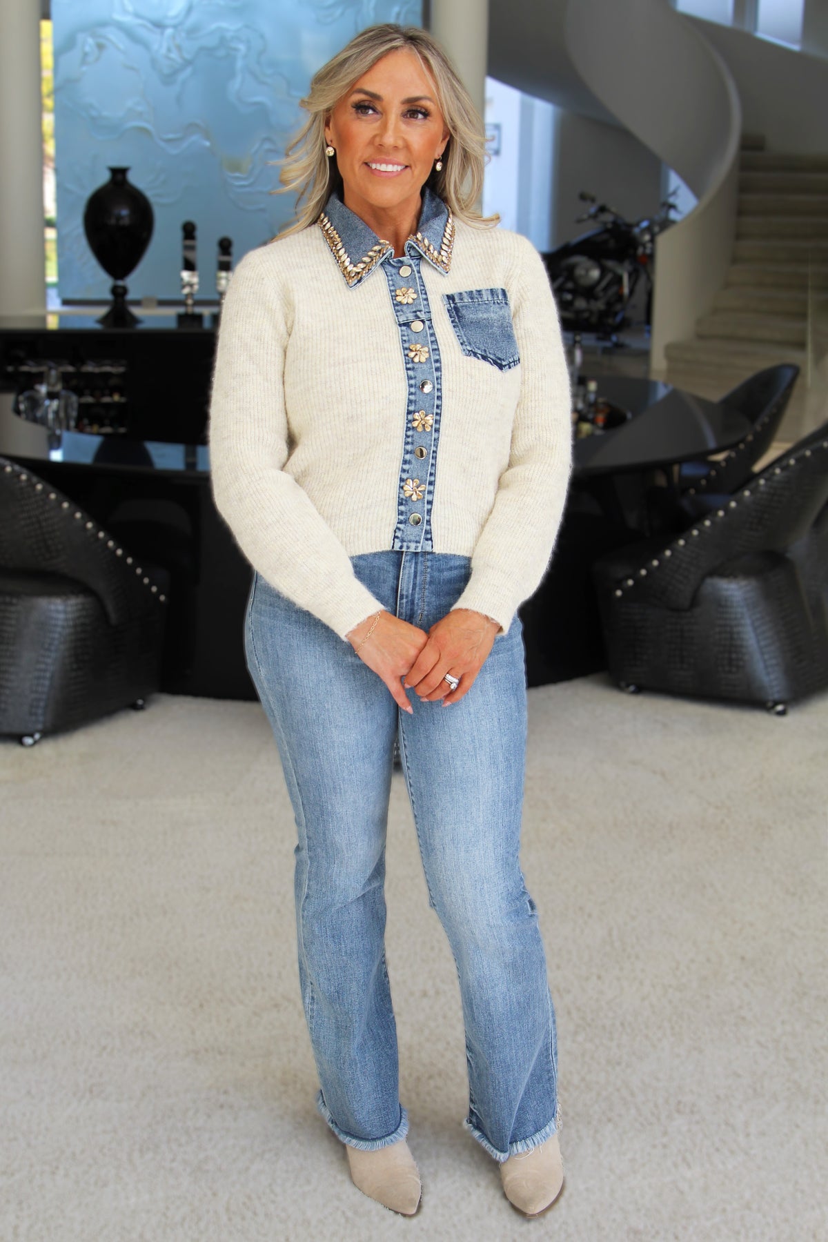 Ribbed Sweater w/ Denim & Stone Trim