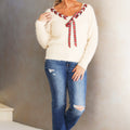 Fuzzy V-Neck Sweater w/ Christmas Plaid Ribbon Accent