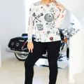 Long Sleeve Stretch Mesh & Rhinestone Rock & Roll Printed Top