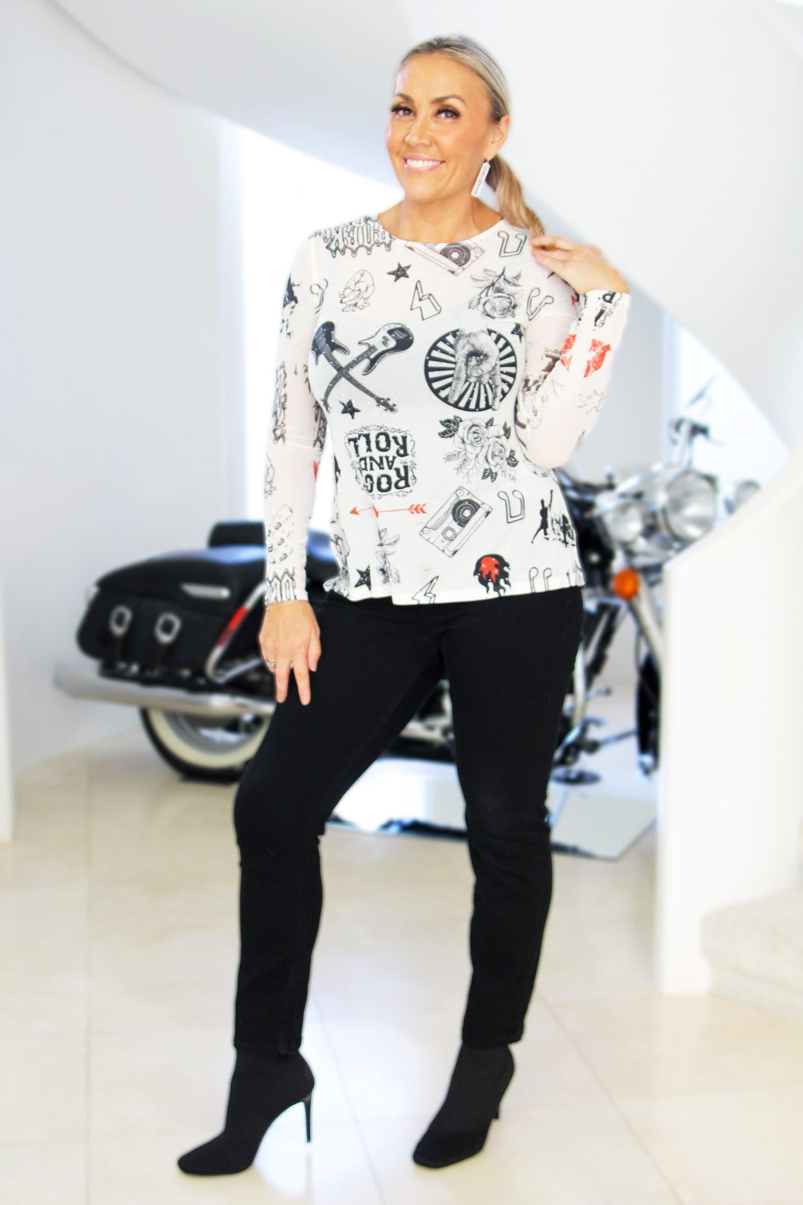 Long Sleeve Stretch Mesh & Rhinestone Rock & Roll Printed Top
