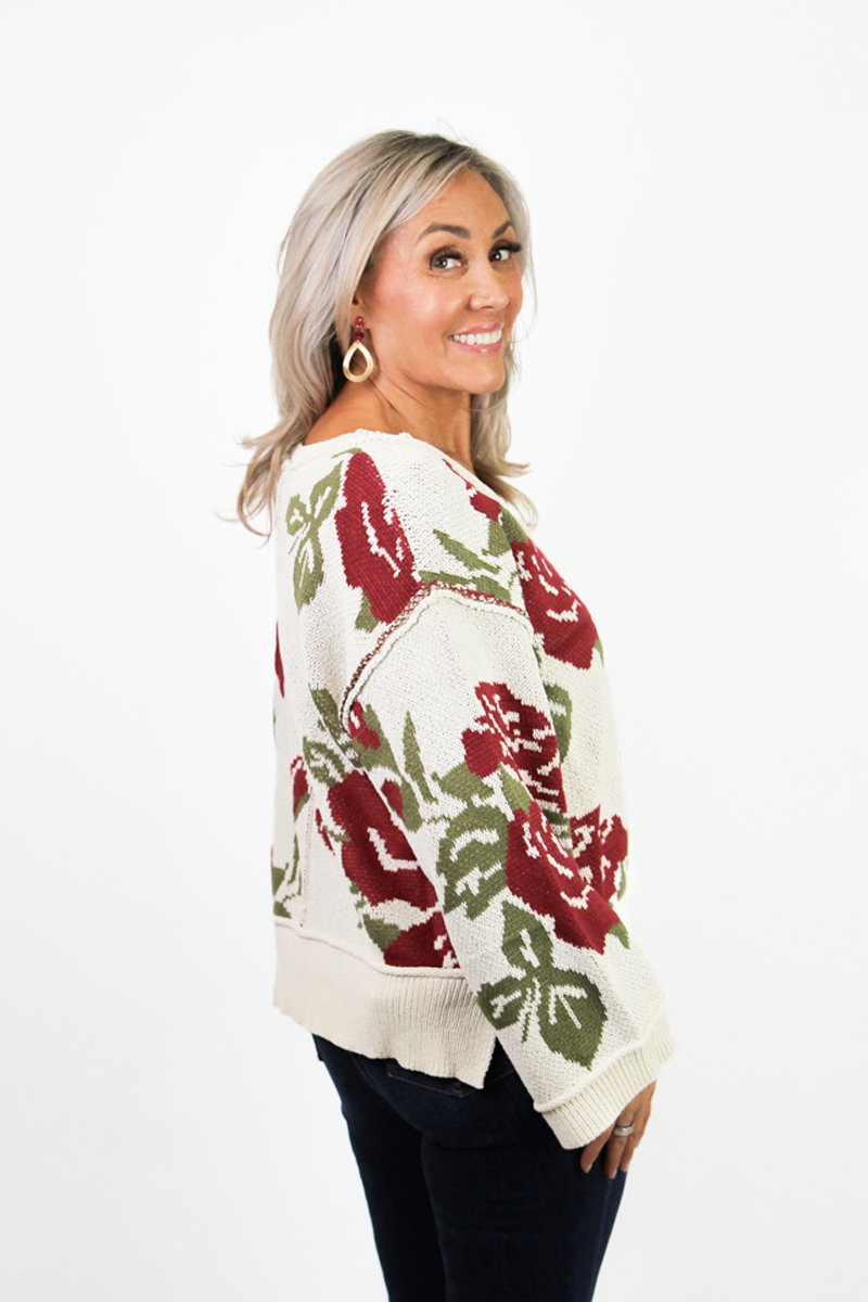 Floral V-Neck A-Line Sweater