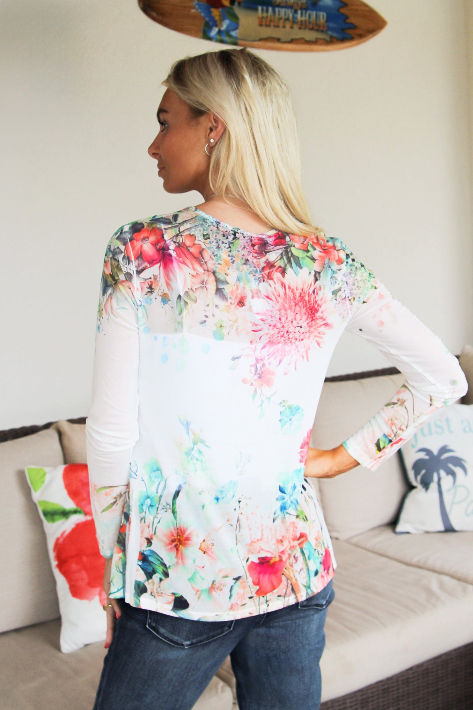 Long Sleeve Floral Mesh Top