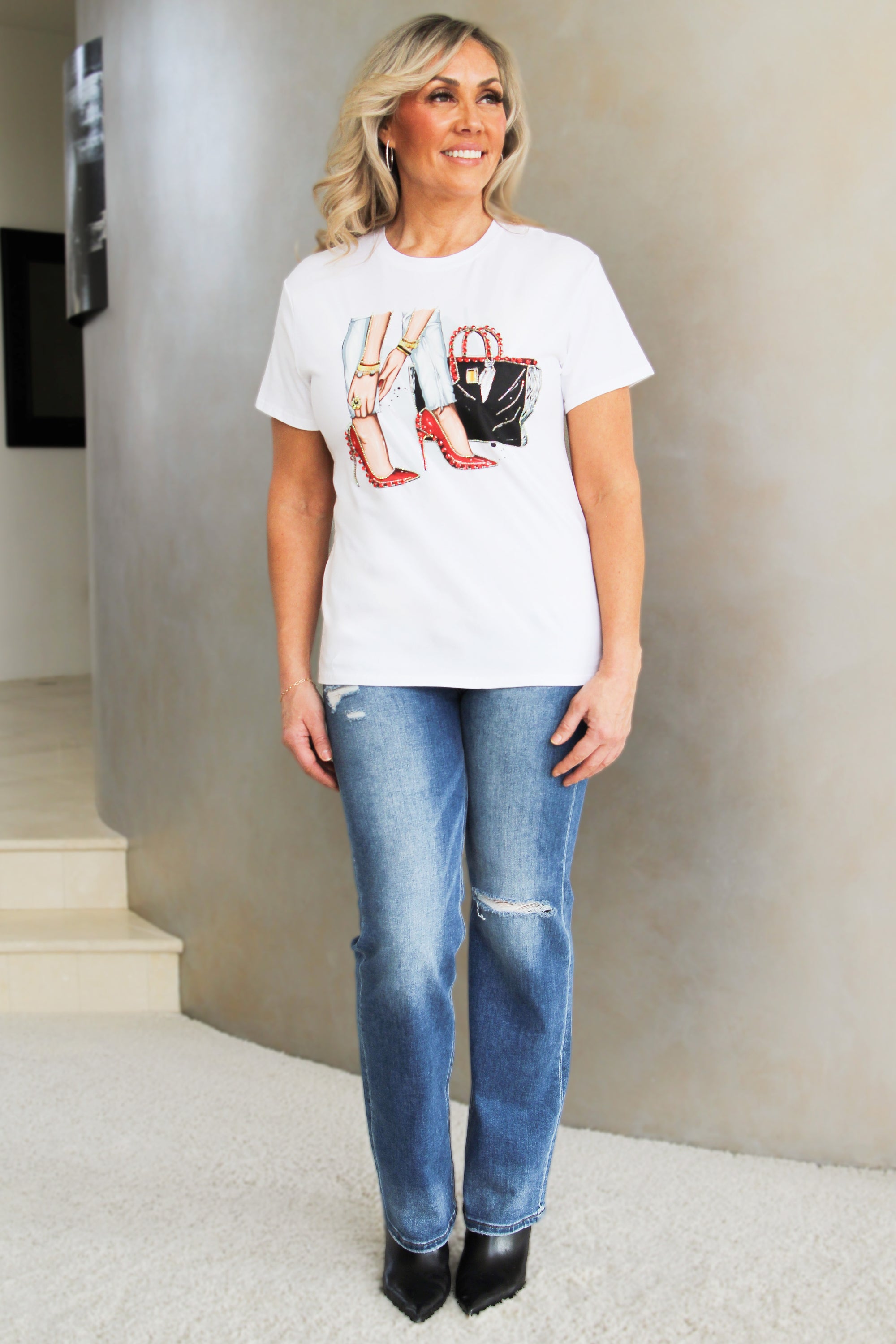 Ruby Red Rhinestone Heels & Handbag Lady Bending