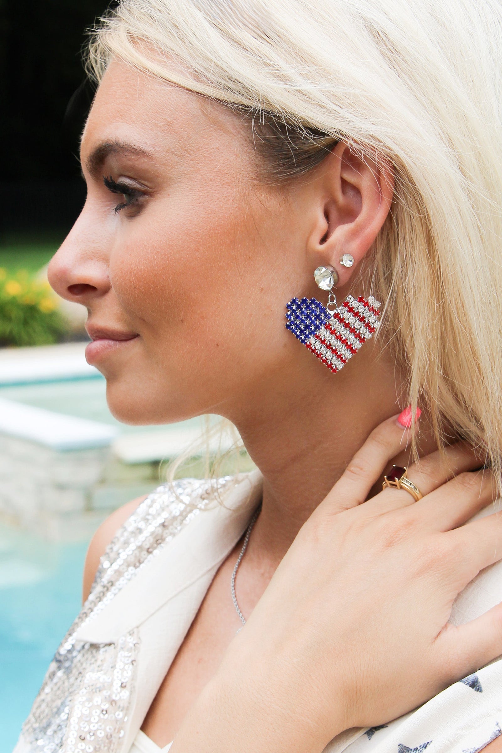Round Stone & Large Rhinestone USA Flag Heart Dangling Earrings