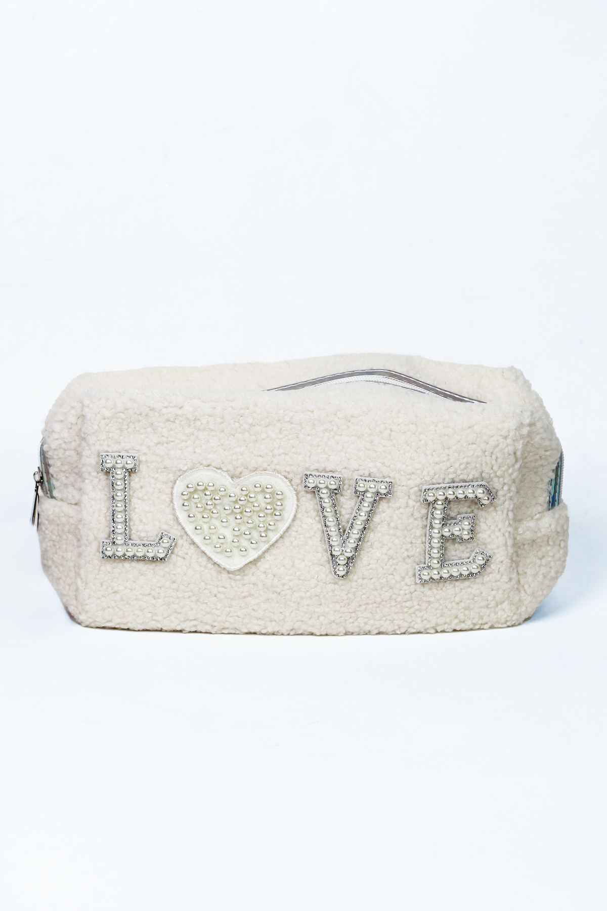 Rhinestone &amp; Pearl Love Heart Furry Pouch