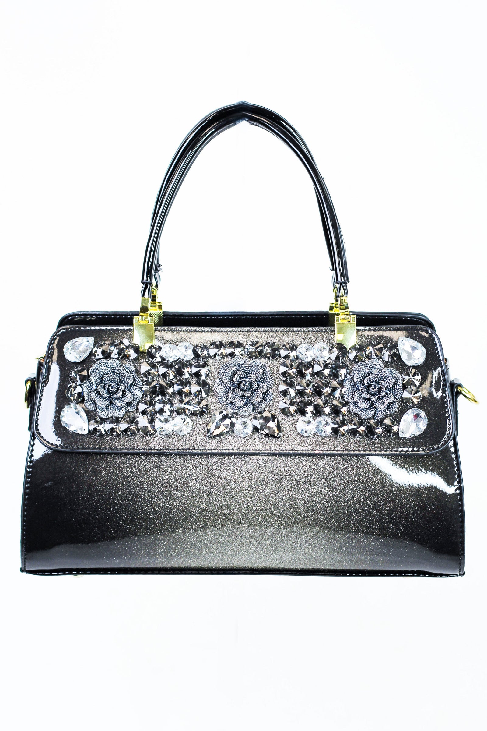 Shimmery Faux Patent Leather Handbag w/ Large Stone & Floral Accents