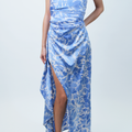 Silky One Shoulder Dress w/ Ruched Waist, Side Flounce and Slit (SALE)