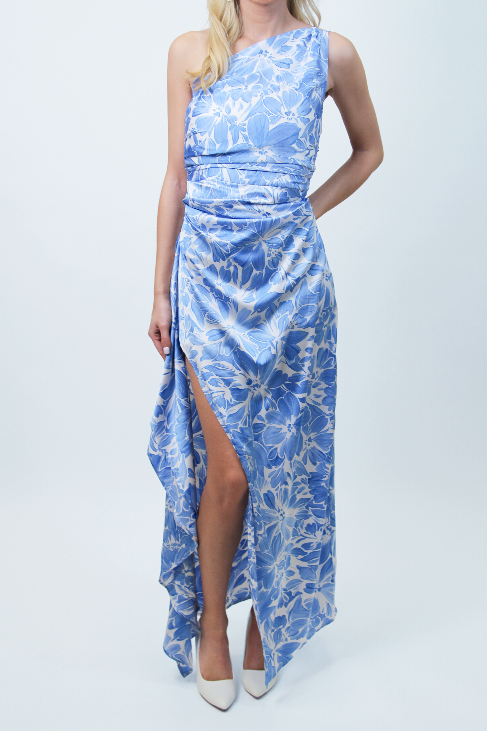 Silky One Shoulder Dress w/ Ruched Waist, Side Flounce and Slit (SALE)