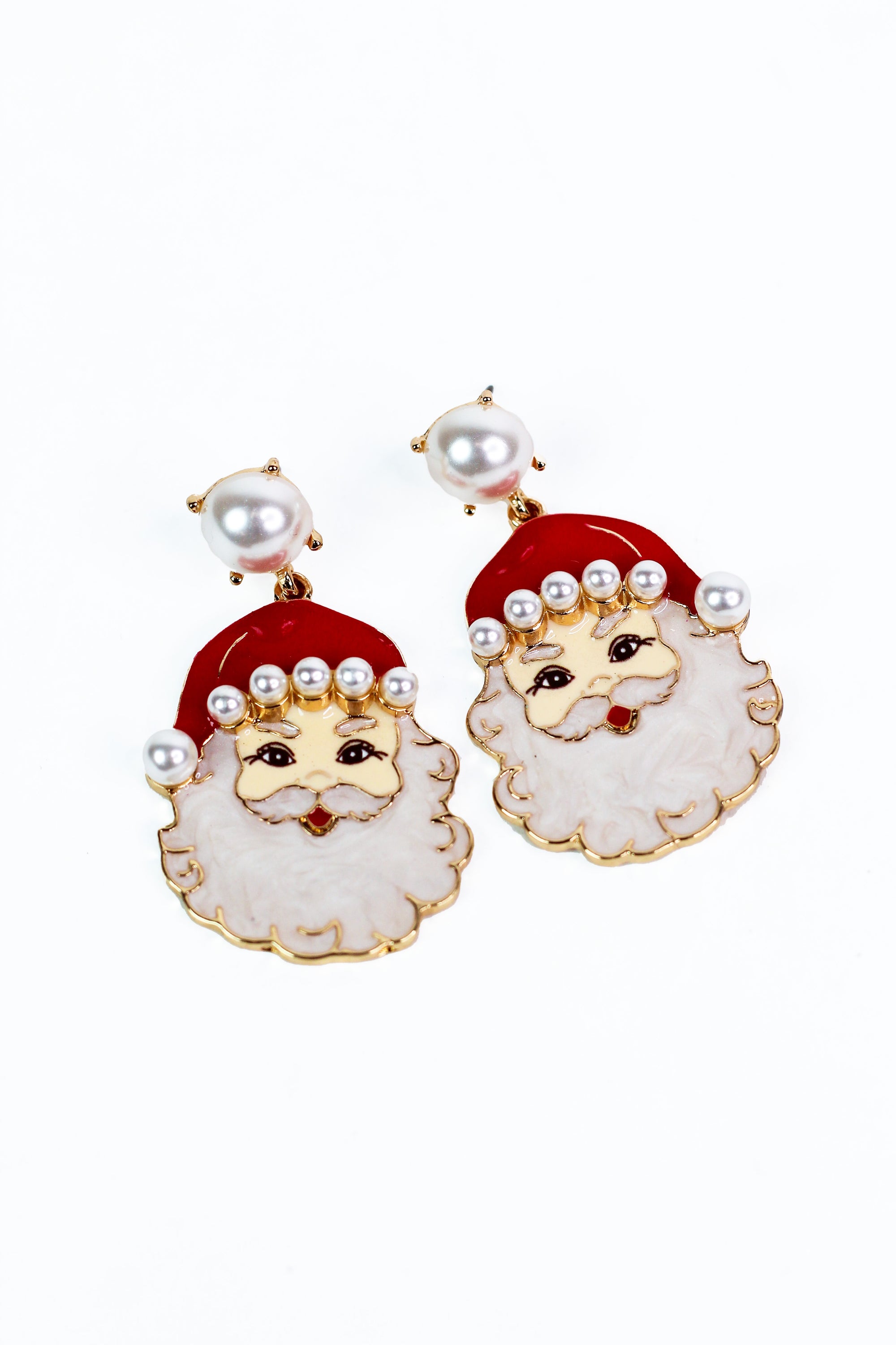 Santa Face Dangling Earrings w/ Pearl Accents