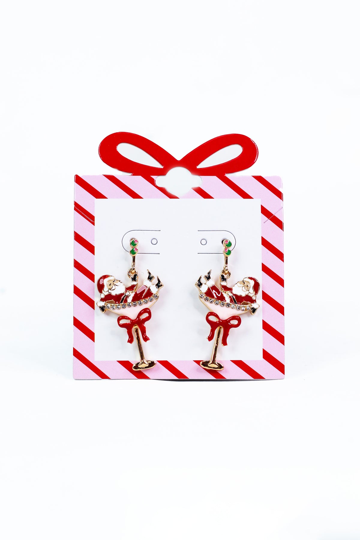 Santa in Martini Glass with Bow Earring