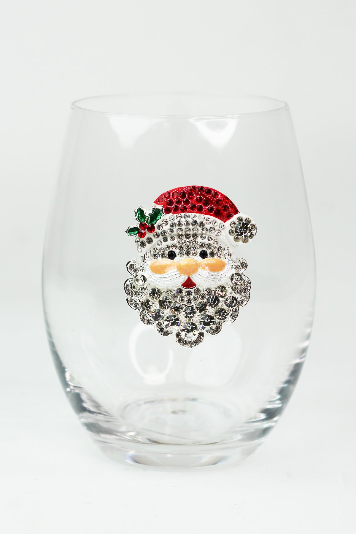 Santa Face Rhinestone Stemless Wine Glass