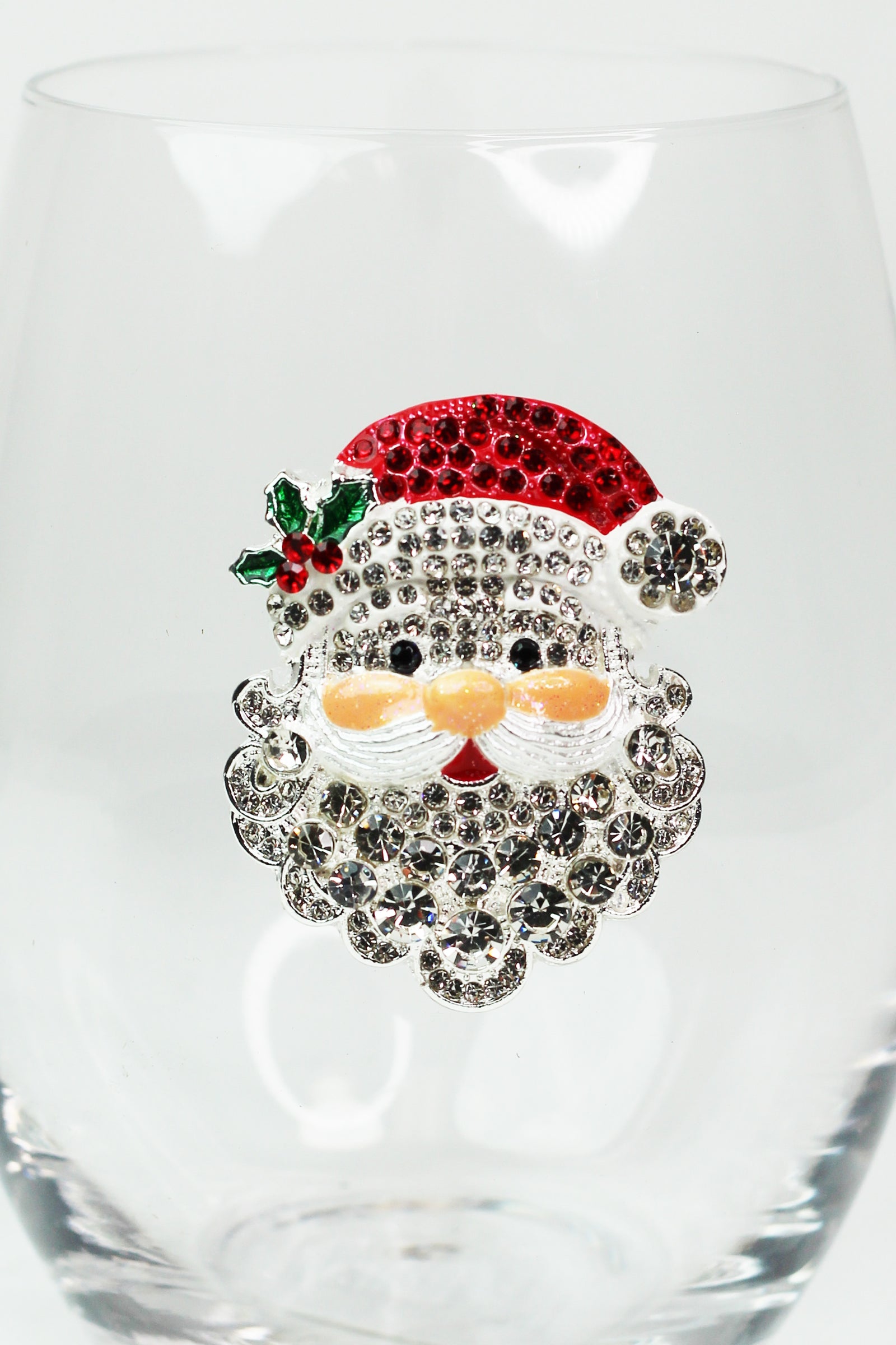 Santa Face Rhinestone Stemless Wine Glass