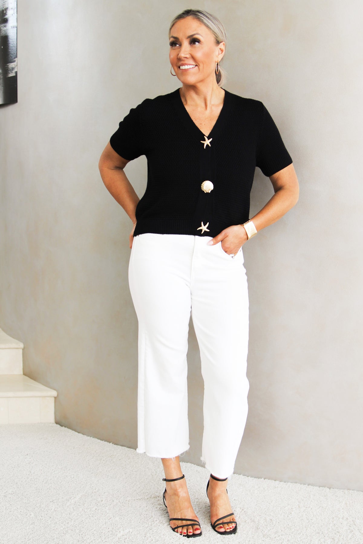 V-Neck Short Sleeve Waffle Knit Cardigan w/ Sea Buttons