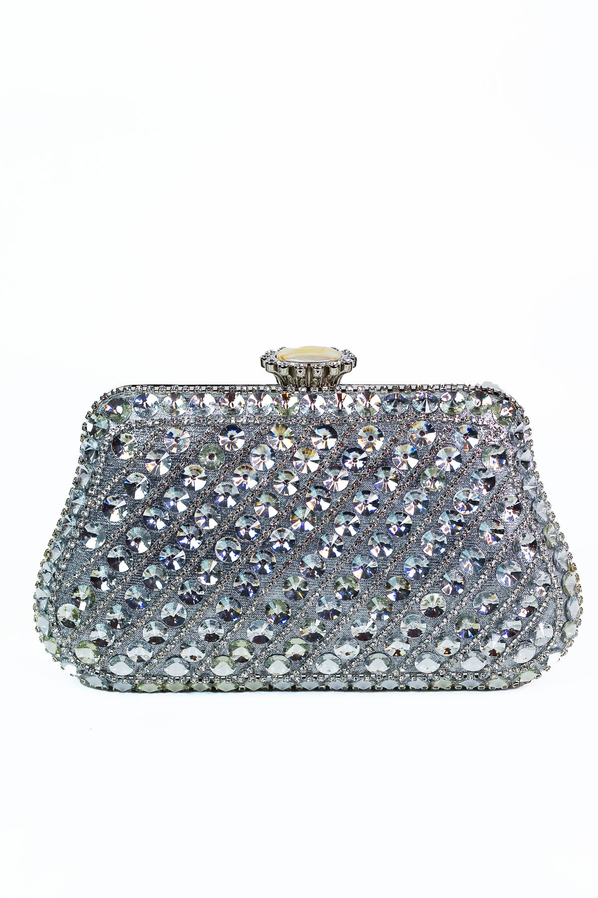 Pave &amp; Round Stones Diagonal Lines Clutch w/ Oval Closure