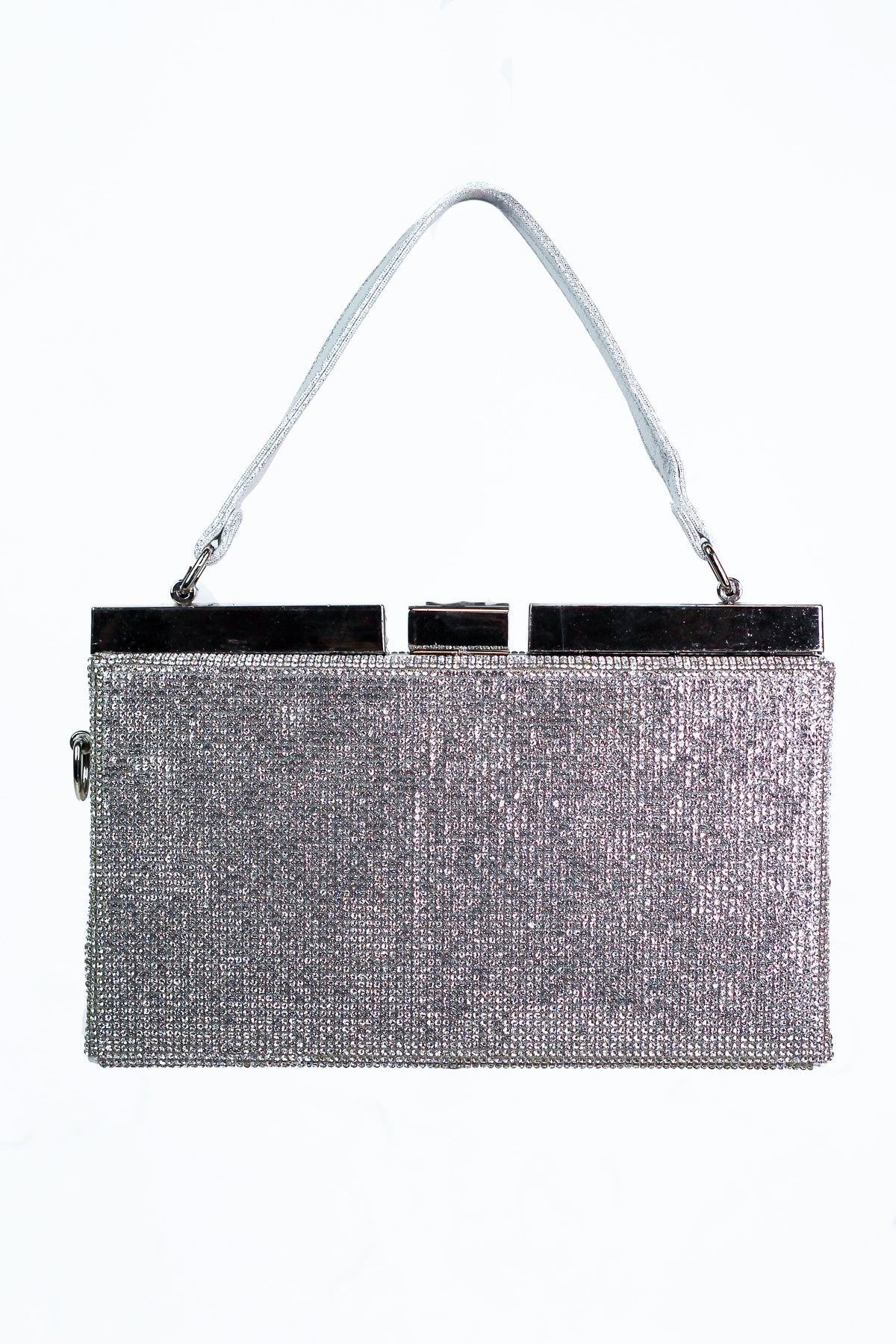 Rhinestone Rectangle Clutch w/ Metal Top Bar &amp; Shimmer Handle