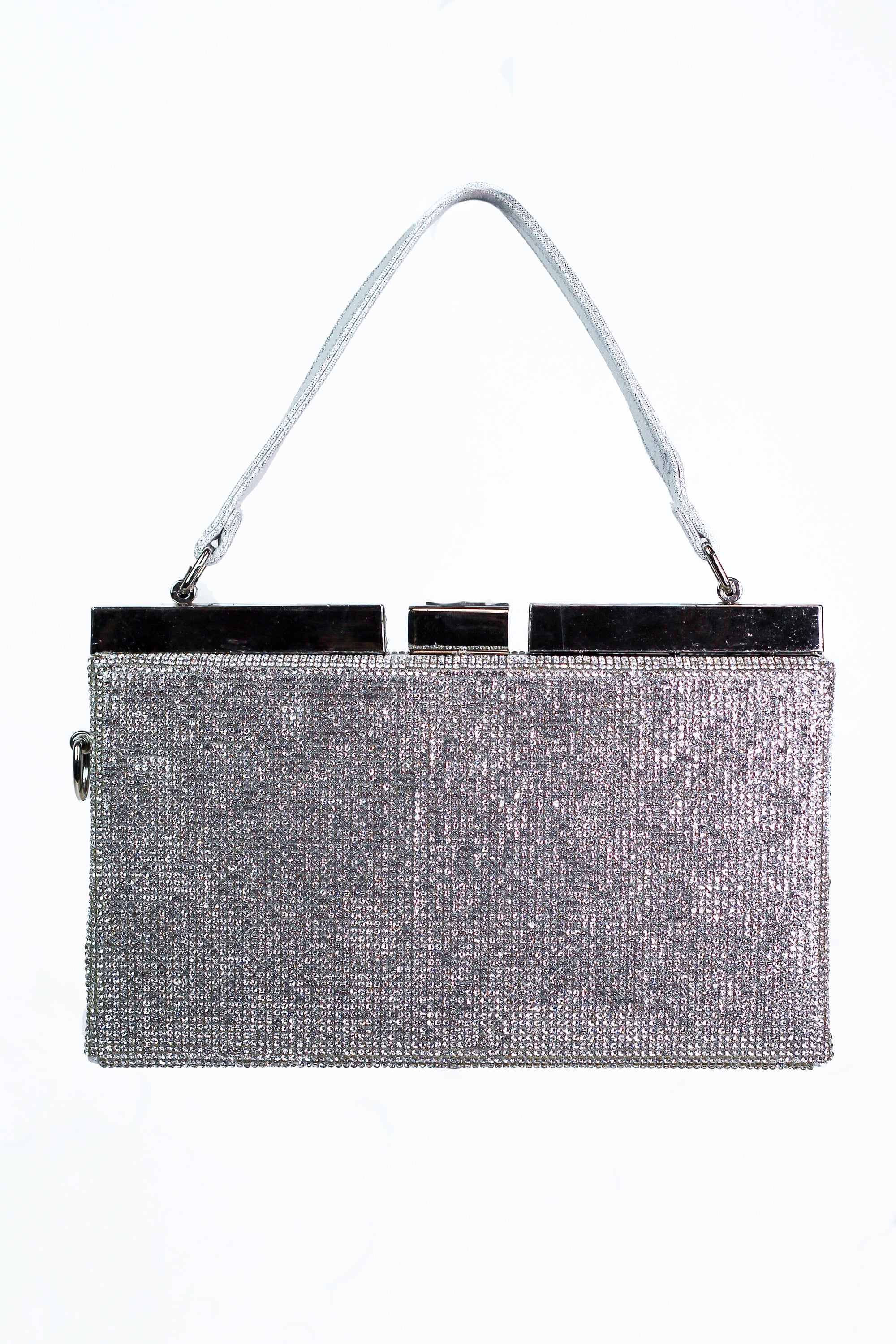 Rhinestone Rectangle Clutch w/ Metal Top Bar & Shimmer Handle
