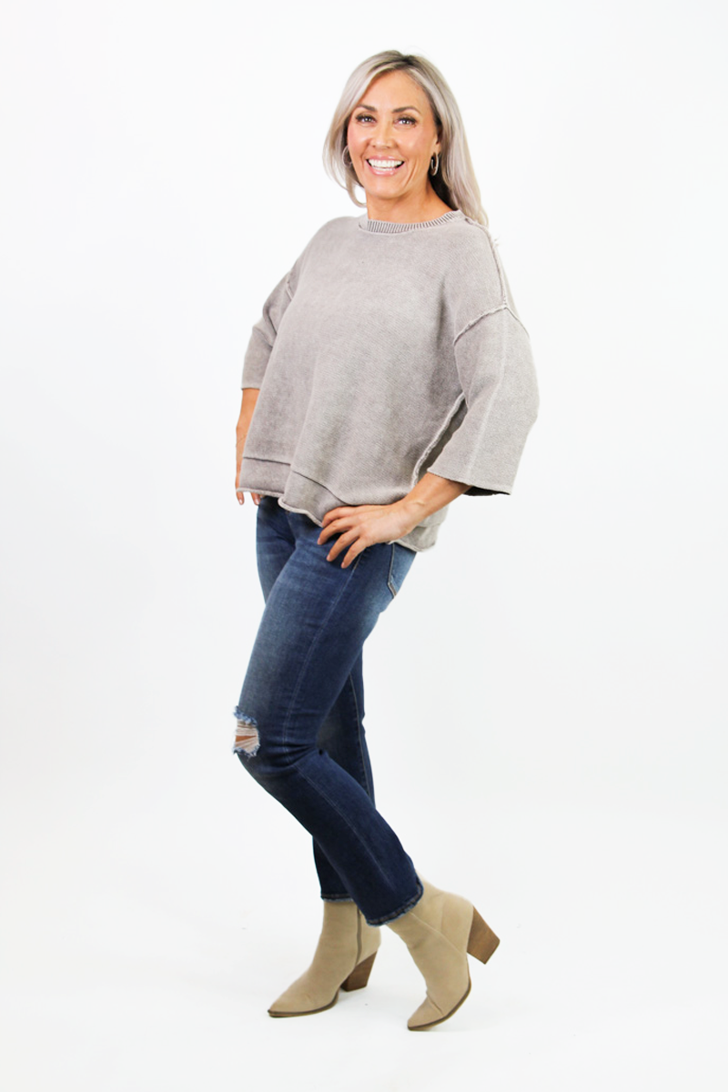 Boxy Side Slit 3/4 Sleeve Sweater