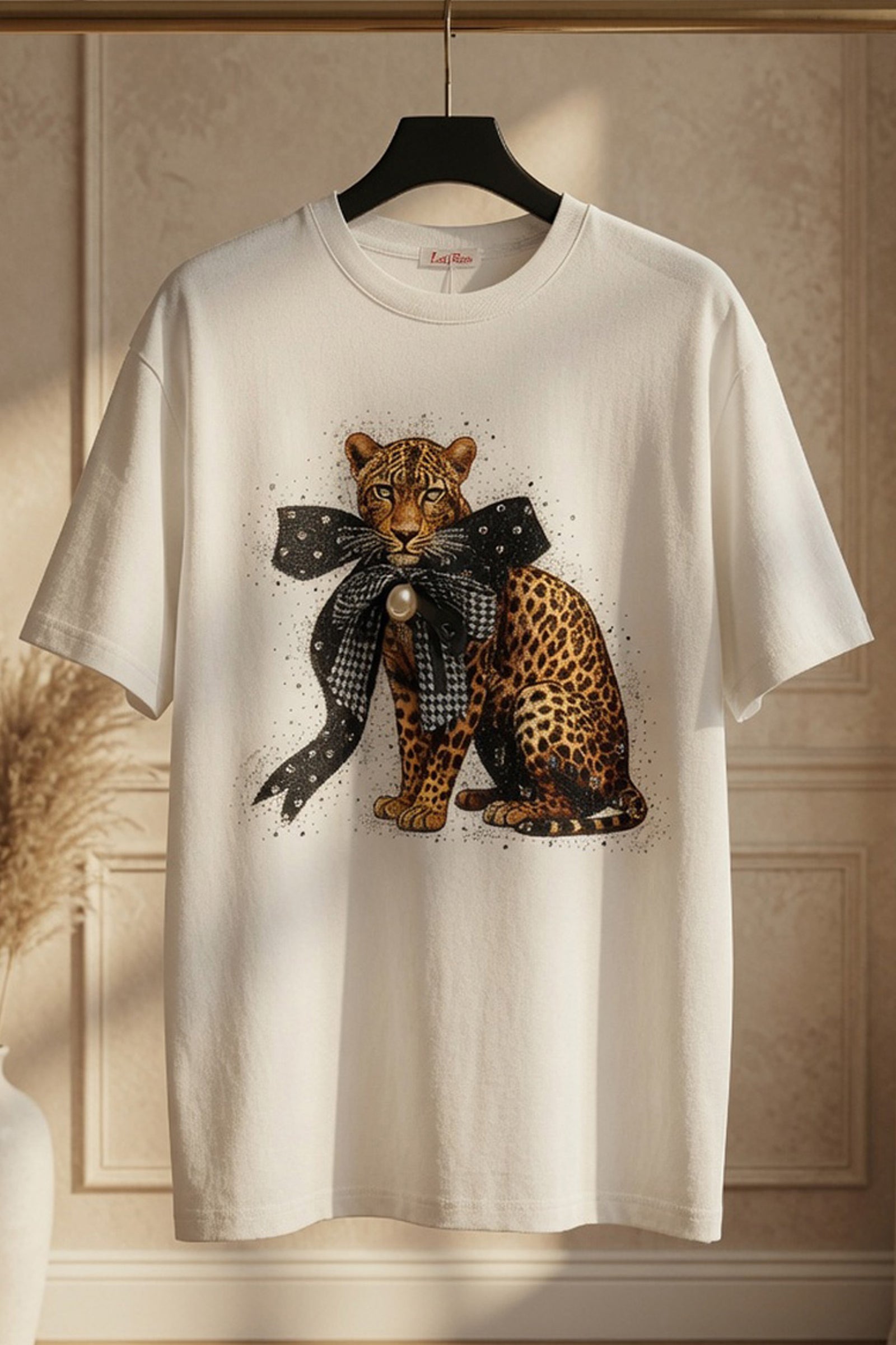 Rhinestone Accented Leopard Tee w/ Detachable Ribbon Bow