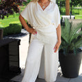 Silky Short Sleeve V-Neck Jumpsuit w/ Attached Fringe Trim Overlay