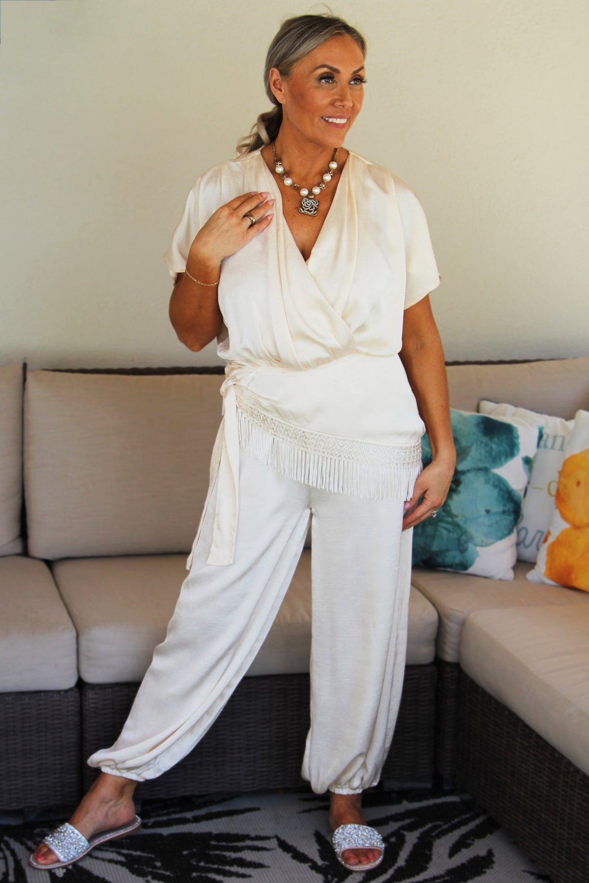 Silky Short Sleeve V-Neck Jumpsuit w/ Attached Fringe Trim Overlay