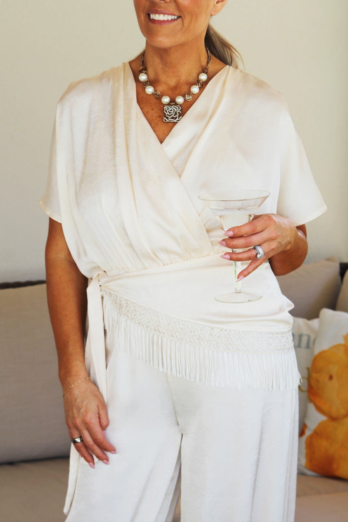 Silky Short Sleeve V-Neck Jumpsuit w/ Attached Fringe Trim Overlay